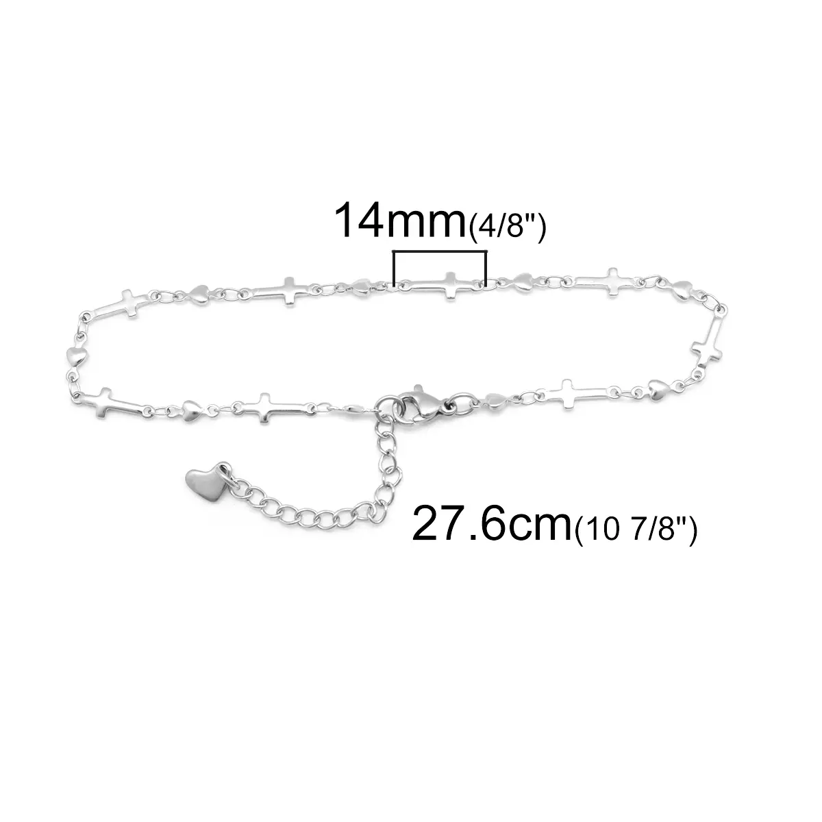 304 Stainless Steel Cross Charm Anklet Silver Color Anklet Bracelet Cross Heart For Women Beach barefoot chain 22.8cm long 1PCs