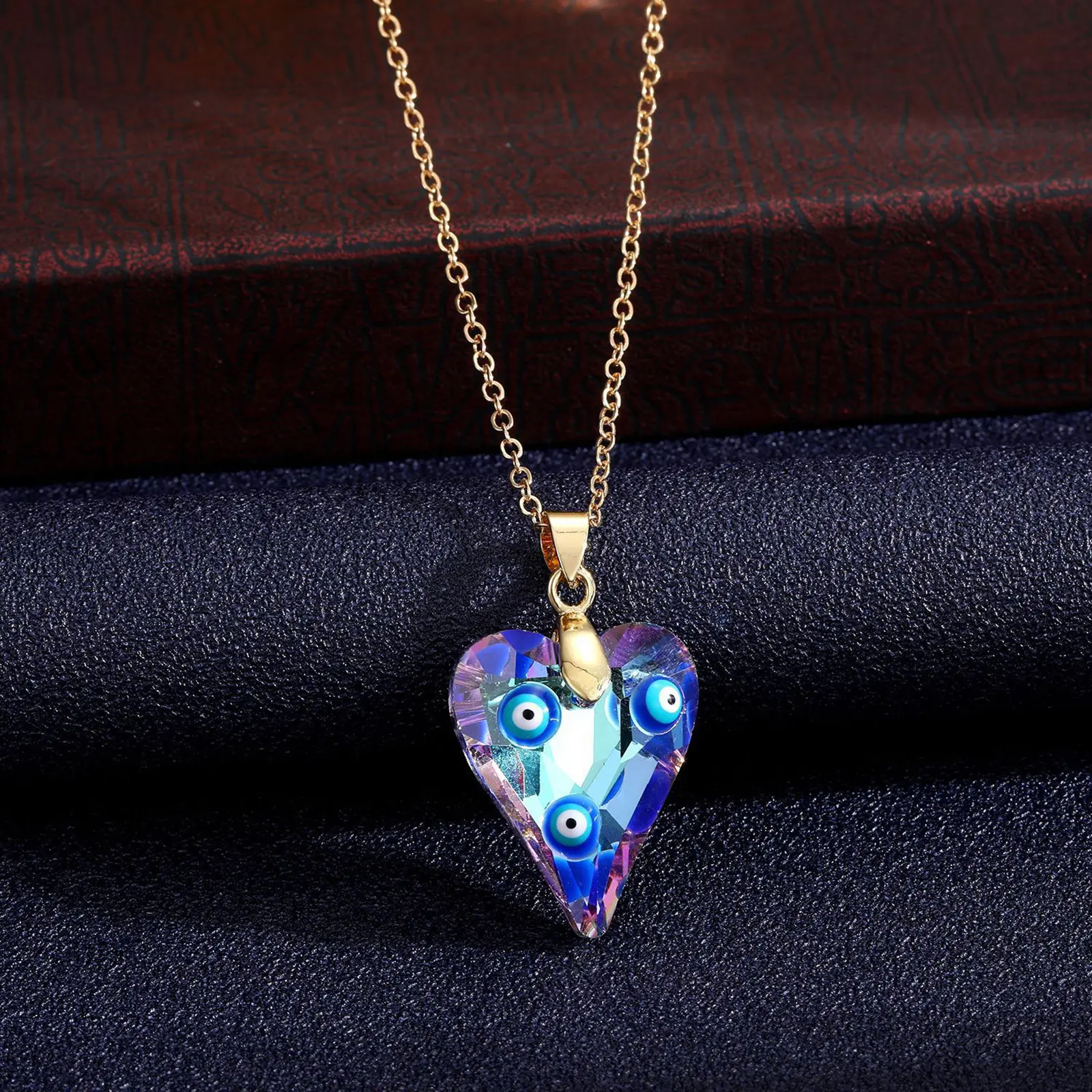 Lampwork Glass Religious Pendant Necklace Gold Color Blue Heart Water Drop Evil Eye Turkish Necklace For Women Jewelry 50cm long