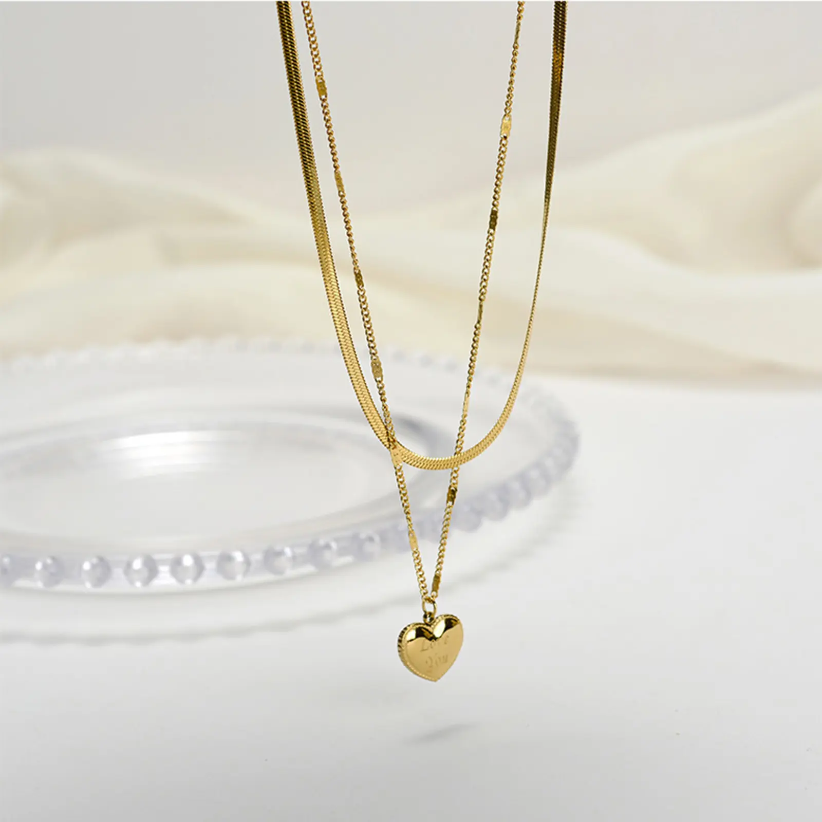 Fashion Stainless Heart Necklace Steel Stylish Link Chain Multilayer Layered Gold Color Necklace Jewelry 39cm(15 3/8") Long