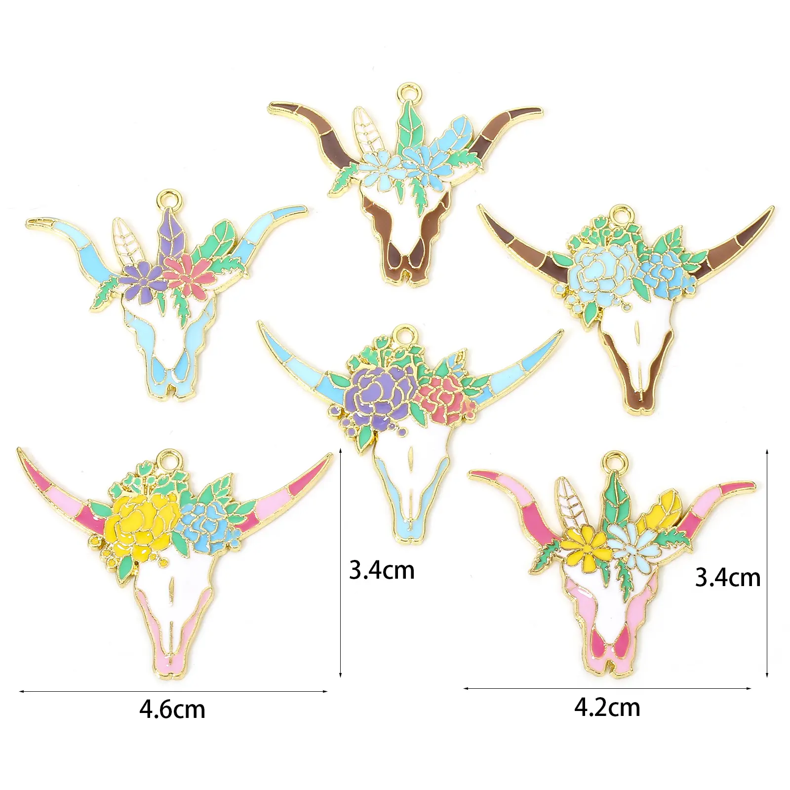 5 PCs West Cowboy Pendants Bull Head/ Cow Head Flower Leaves Enamel Zinc Based Alloy Charms For DIY Jewelry Making 4.6cm x 3.4cm