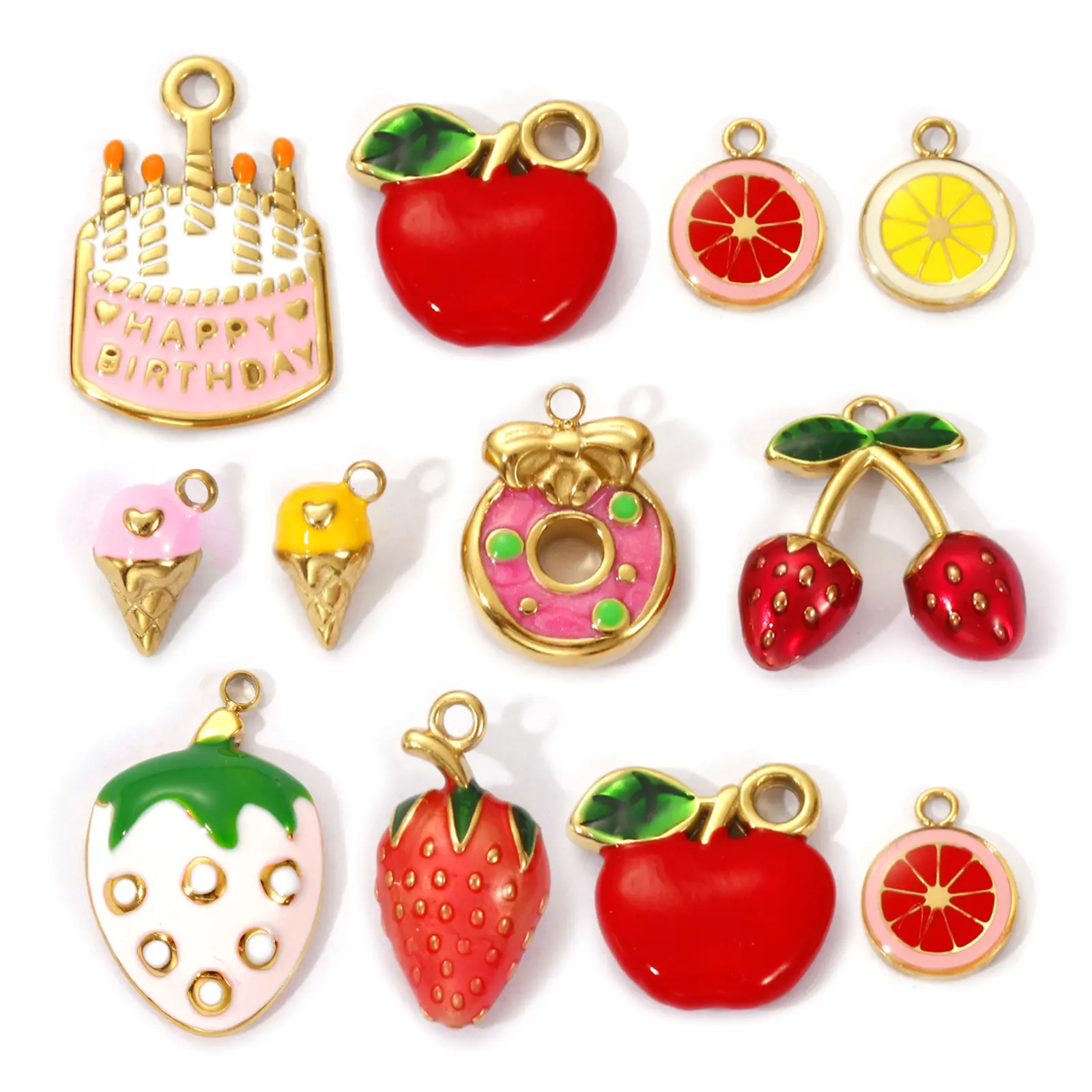 1 Piece 304 Stainless Steel Charms Enamel Cake Fruit Apple Strawberry Doughnut Lemon 18K Gold Plated Pendant Necklace DIY