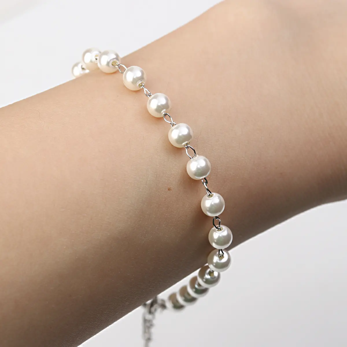 304 Stainless Steel & Acrylic Bracelets Silver Color White Imitation Pearl 18cm long Fo Women Jewelry Accessories , 1 Piece