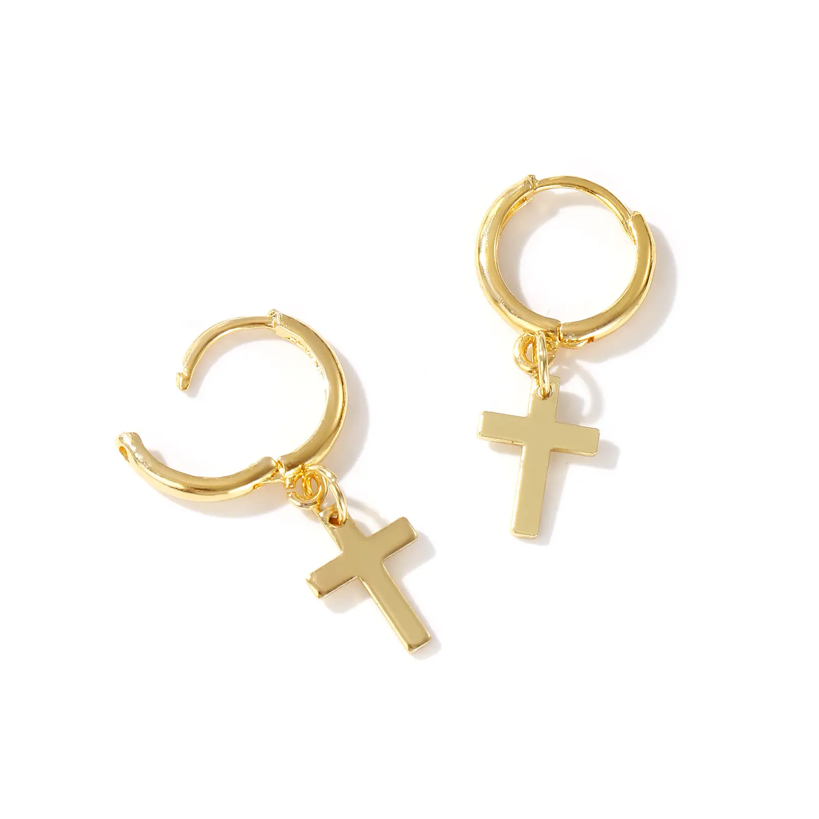 1Pair Exquisite Religious 18K Gold Plated Brass Cross Hoop Earrings For Women Gift 3.1cm x 1.4cm, Post/ Wire Size: 1mm(18 gauge)