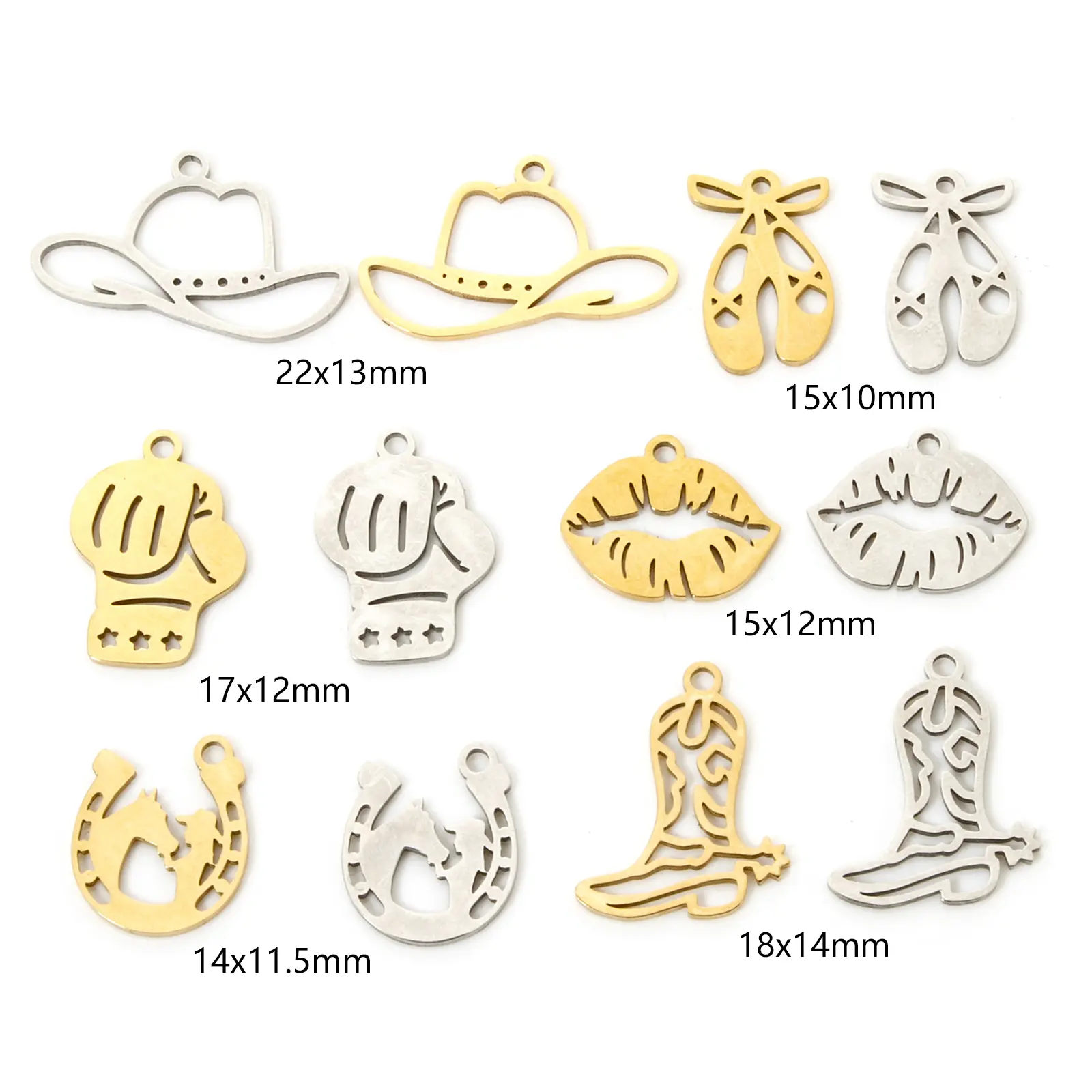 3 PCs 304 Stainless Steel Charms Hollow Boot/Horseshoe/Hat/Lip/Boxing glove Western Cowboy Pendants DIY Necklace Jewelry Making