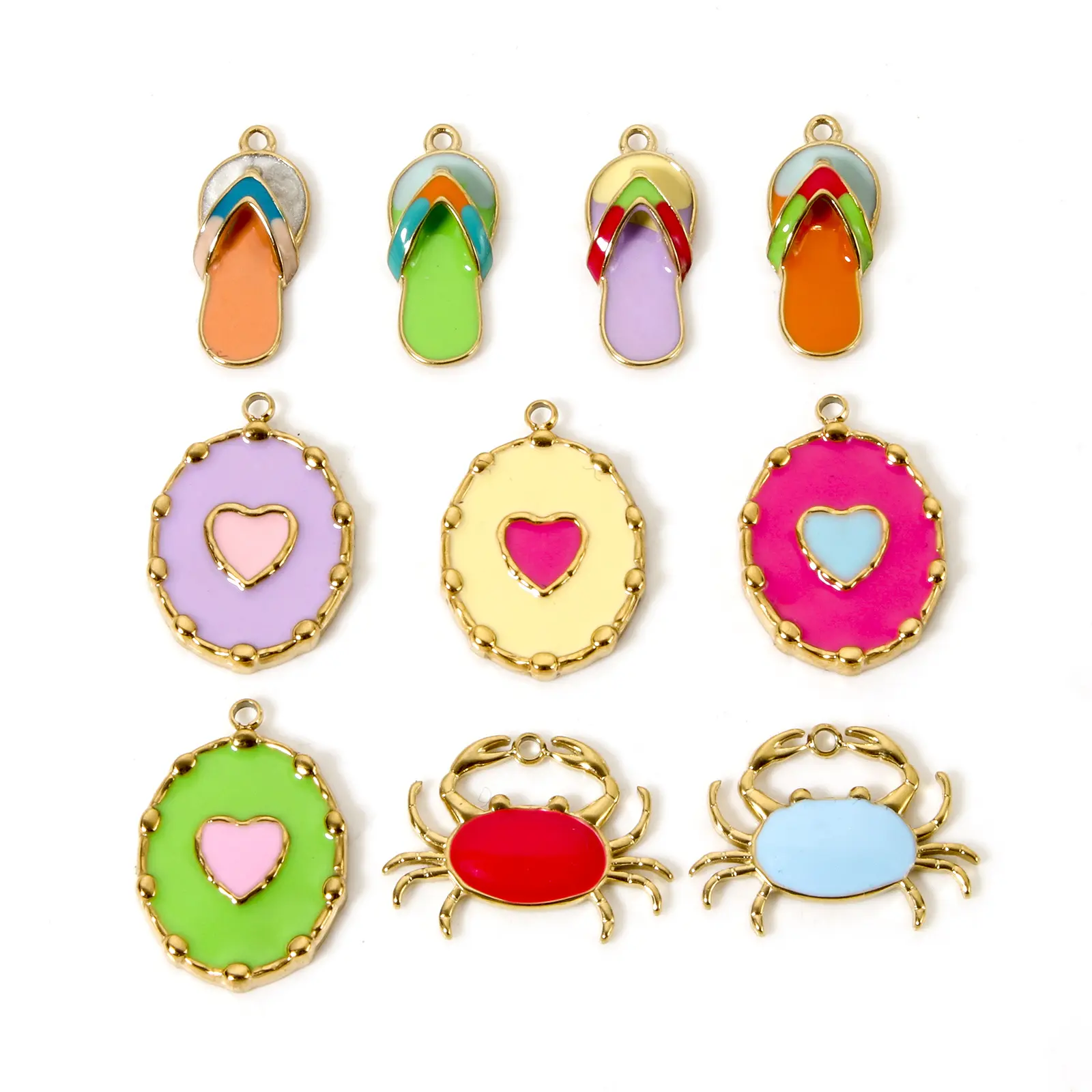 1 Piece Beach Charm 304 Stainless Steel Crab Flip Flops Slipper 14K Real Gold Plated Pendant For Necklace Bracelet DIY Making