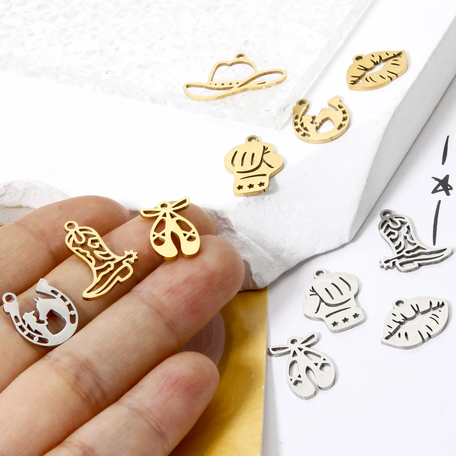 3 PCs 304 Stainless Steel Charms Hollow Boot/Horseshoe/Hat/Lip/Boxing glove Western Cowboy Pendants DIY Necklace Jewelry Making