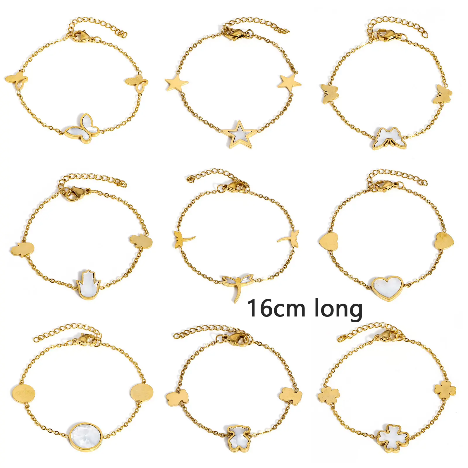 304 Stainless Steel Shell Butterfly Heart Pendants Bracelet For Women Gold Color Fashion Bracelet 16cm(6 2/8")Long, 1 Piece