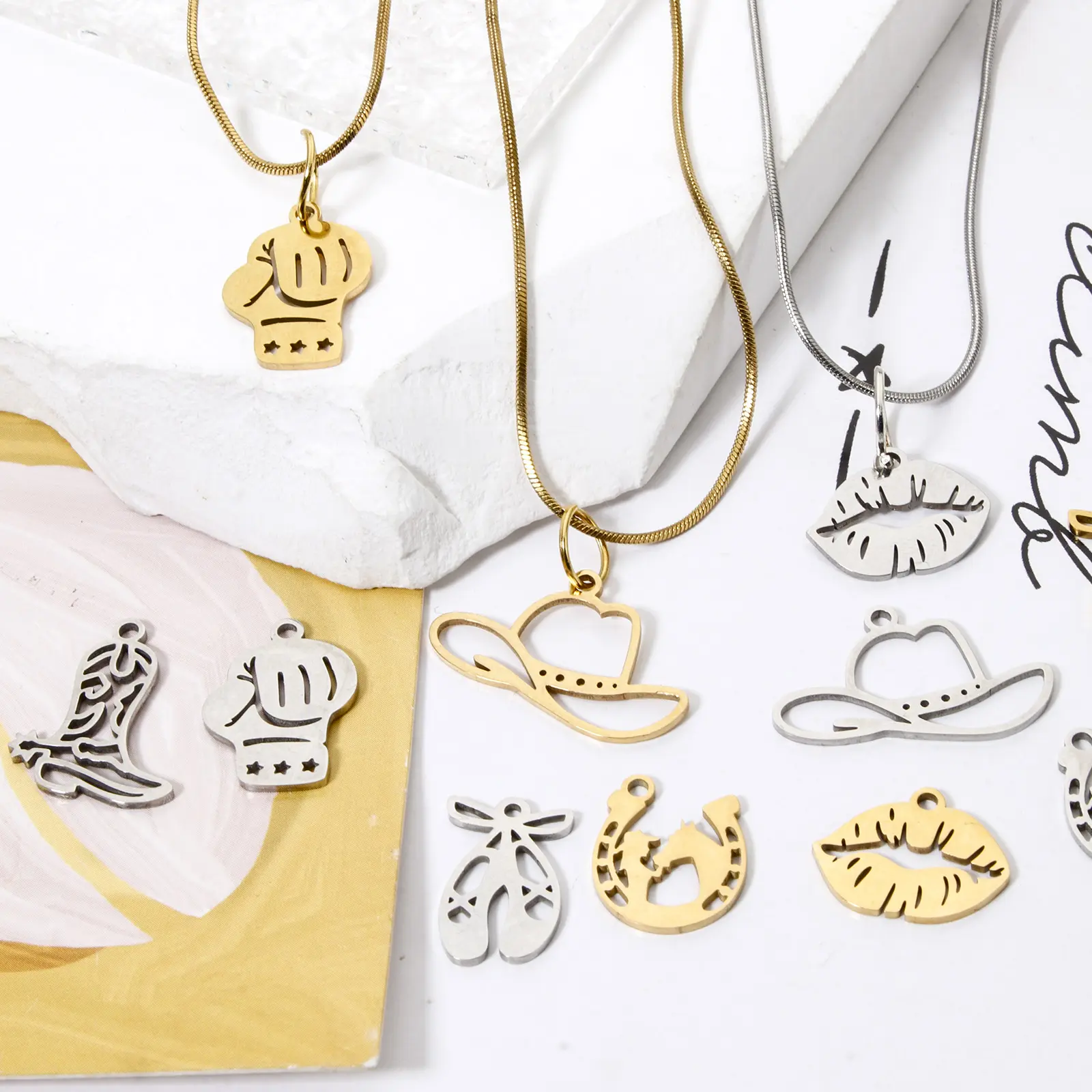 3 PCs 304 Stainless Steel Charms Hollow Boot/Horseshoe/Hat/Lip/Boxing glove Western Cowboy Pendants DIY Necklace Jewelry Making