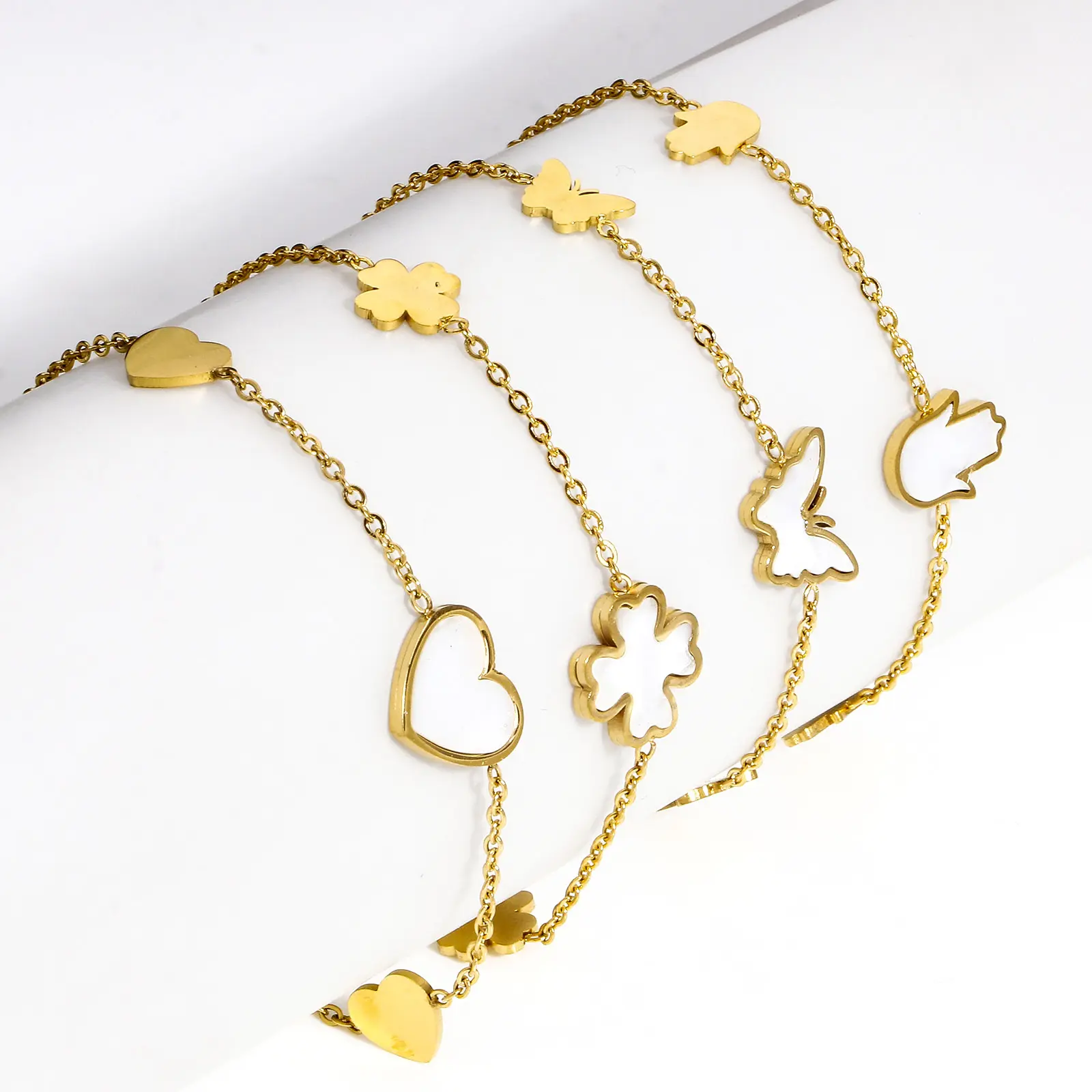 304 Stainless Steel Shell Butterfly Heart Pendants Bracelet For Women Gold Color Fashion Bracelet 16cm(6 2/8")Long, 1 Piece