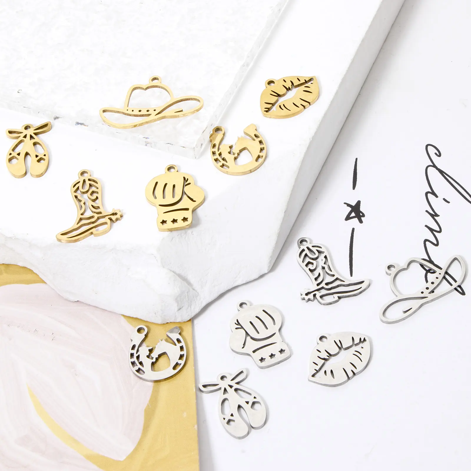 3 PCs 304 Stainless Steel Charms Hollow Boot/Horseshoe/Hat/Lip/Boxing glove Western Cowboy Pendants DIY Necklace Jewelry Making