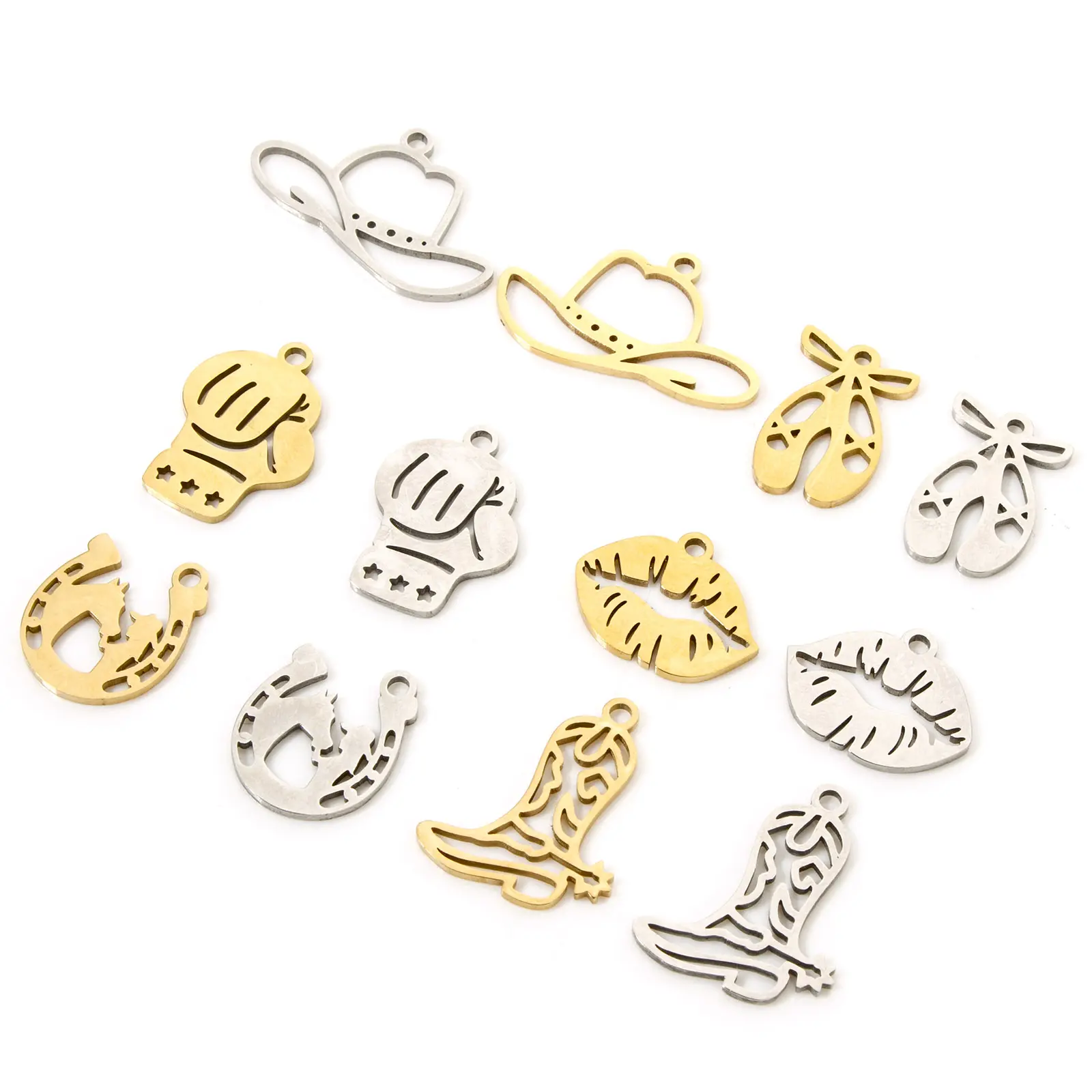 3 PCs 304 Stainless Steel Charms Hollow Boot/Horseshoe/Hat/Lip/Boxing glove Western Cowboy Pendants DIY Necklace Jewelry Making