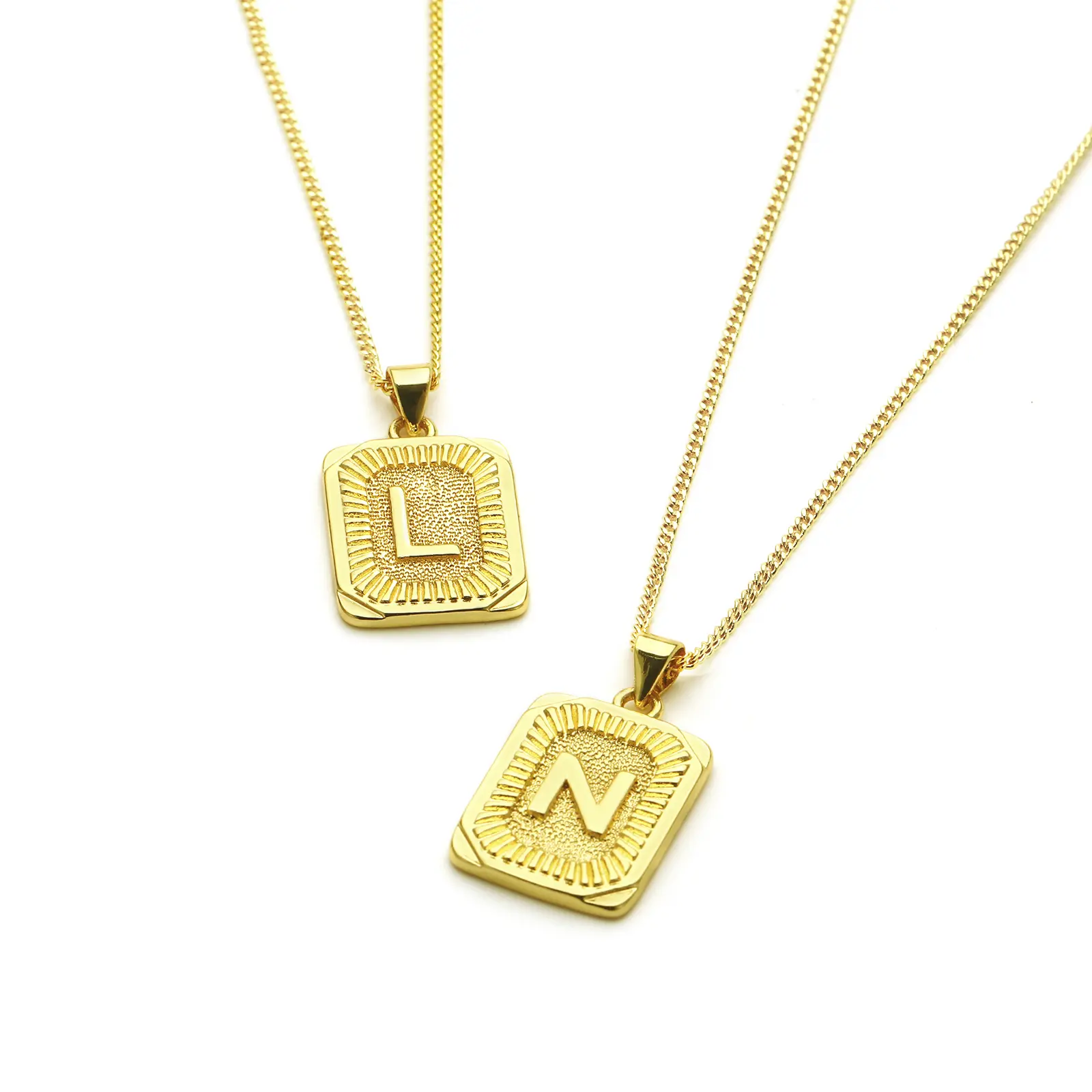 1 Piece 18K Real Gold Plated Brass Rectangle Stripe Initial Capital A- Z Letter Pendant Charm Necklace Unisex 45cm + 5cm long