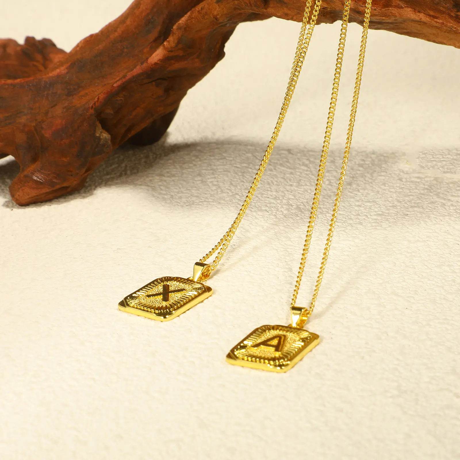 1 Piece 18K Real Gold Plated Brass Rectangle Stripe Initial Capital A- Z Letter Pendant Charm Necklace Unisex 45cm + 5cm long