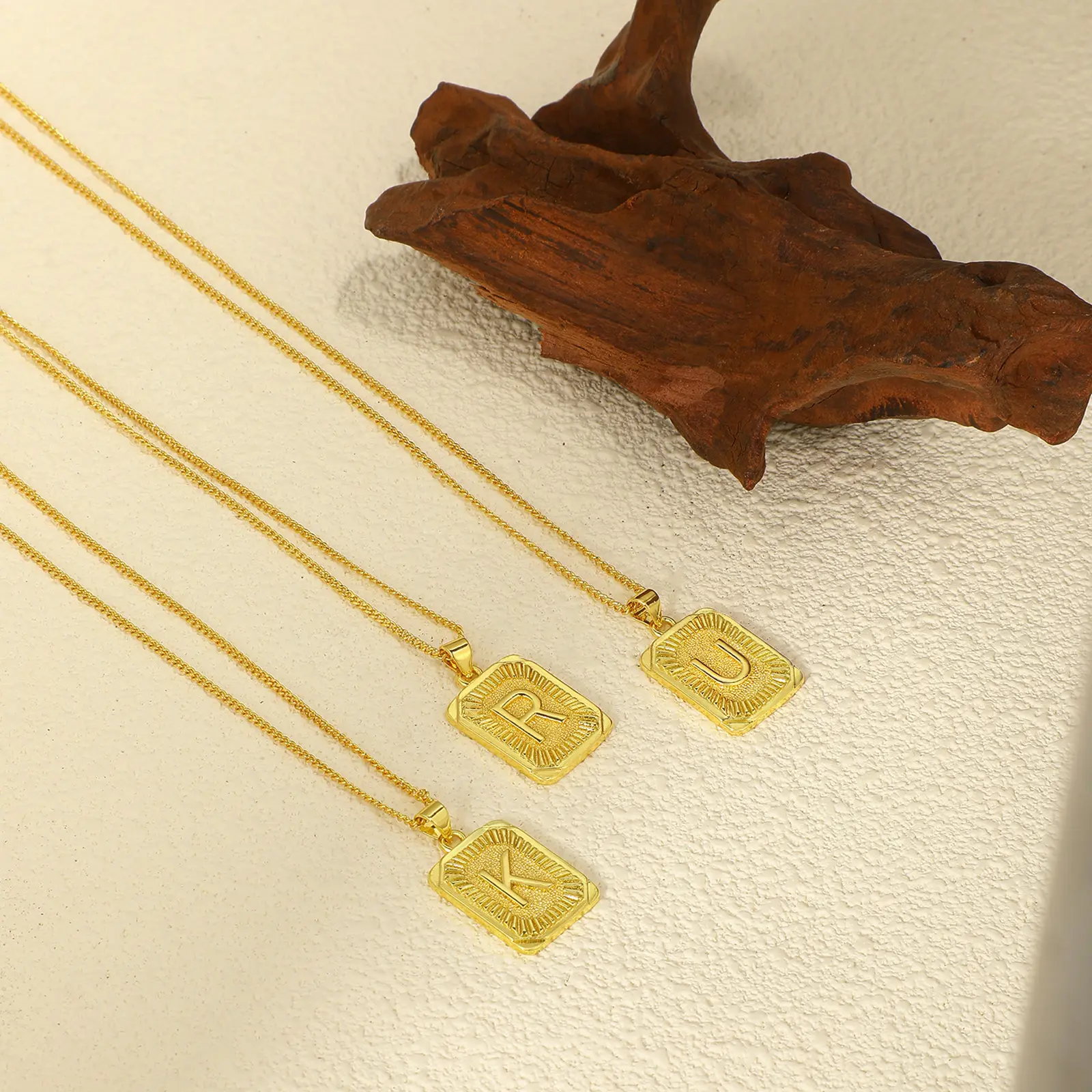 1 Piece 18K Real Gold Plated Brass Rectangle Stripe Initial Capital A- Z Letter Pendant Charm Necklace Unisex 45cm + 5cm long