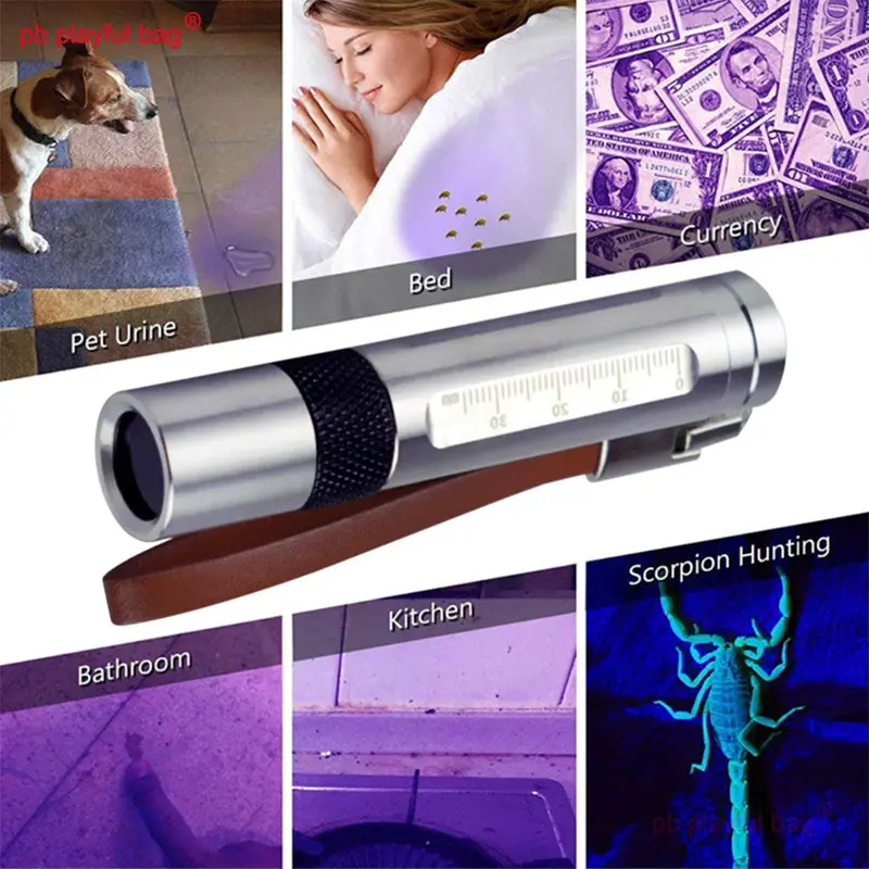Outdoor Sports 365nm UV flashlight Silver With a scale Portable Tactical Game Mini Flashlight black filter Toy equipment QG431