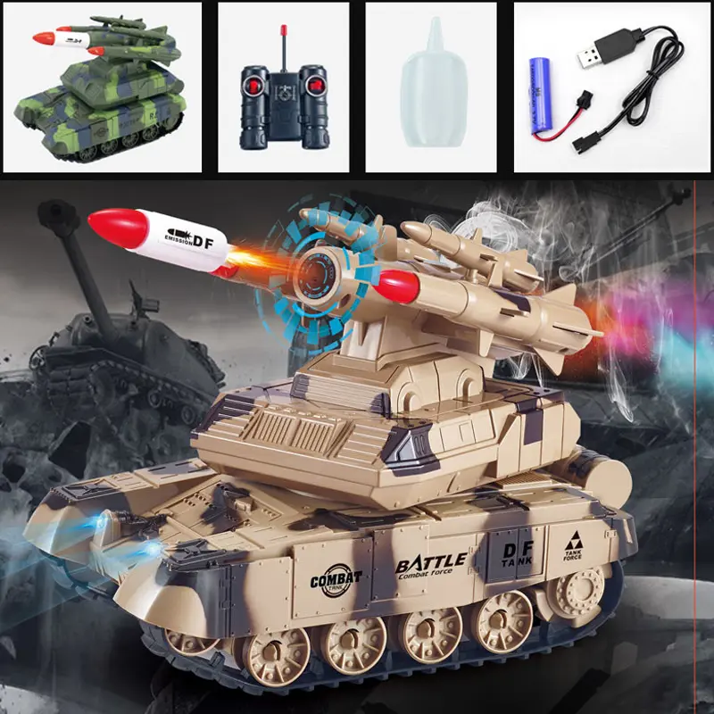 Rc Tank Smoking Shoot Bullet Electronic Remote Control Car Move By Apron Wheel Rocket Sled Toy With LED Flame Sound Kids Gift