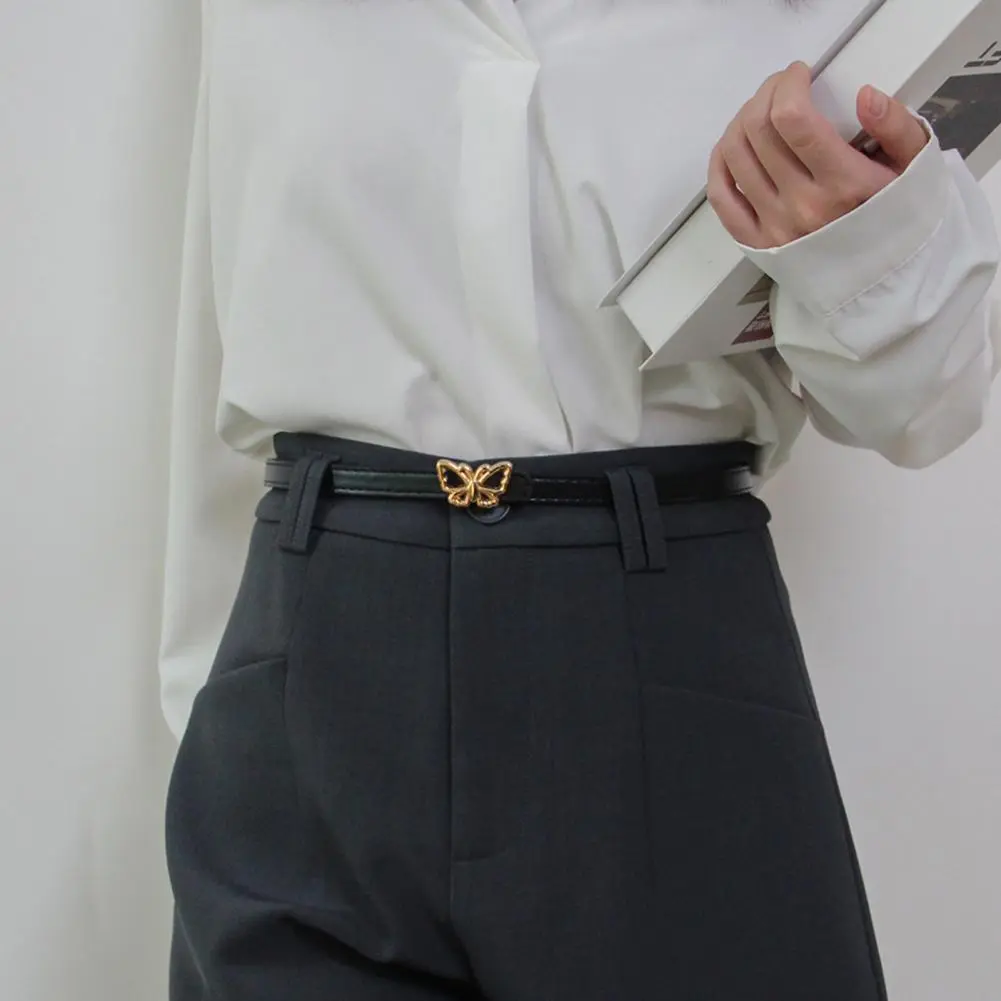 Women Belt Unisex Solid Color Belt Elegant Metal Butterflies Buckle Belt for Women Versatile Imitation Leather Waist for Dress