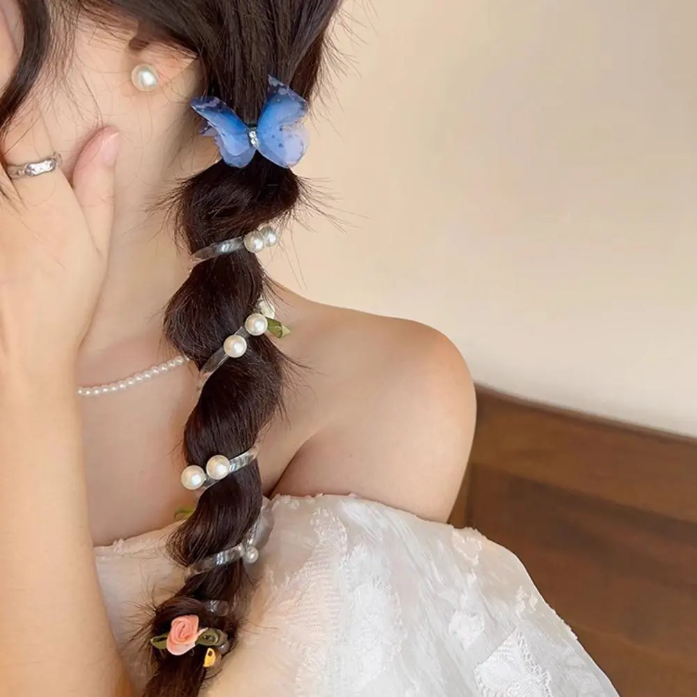 Hair Decorations Elegant Butterfly Faux Pearl Hair Ties Set Women's Braided Elastic Hair Accessories 4 Pieces Ropes with Decor