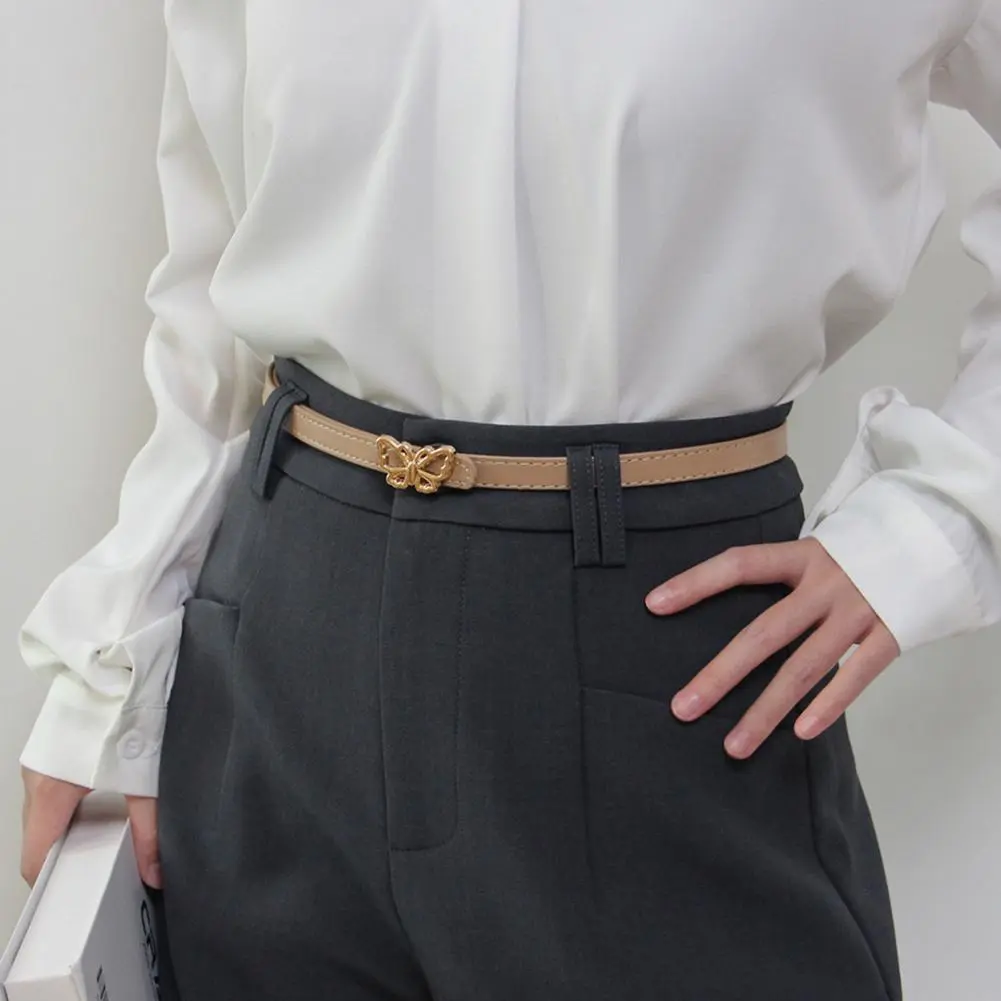 Women Belt Unisex Solid Color Belt Elegant Metal Butterflies Buckle Belt for Women Versatile Imitation Leather Waist for Dress