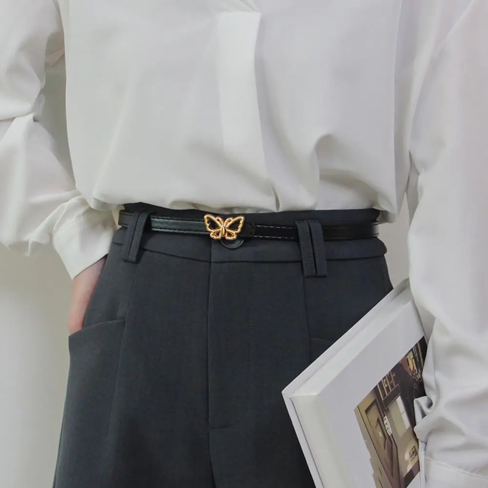 Women Belt Unisex Solid Color Belt Elegant Metal Butterflies Buckle Belt for Women Versatile Imitation Leather Waist for Dress