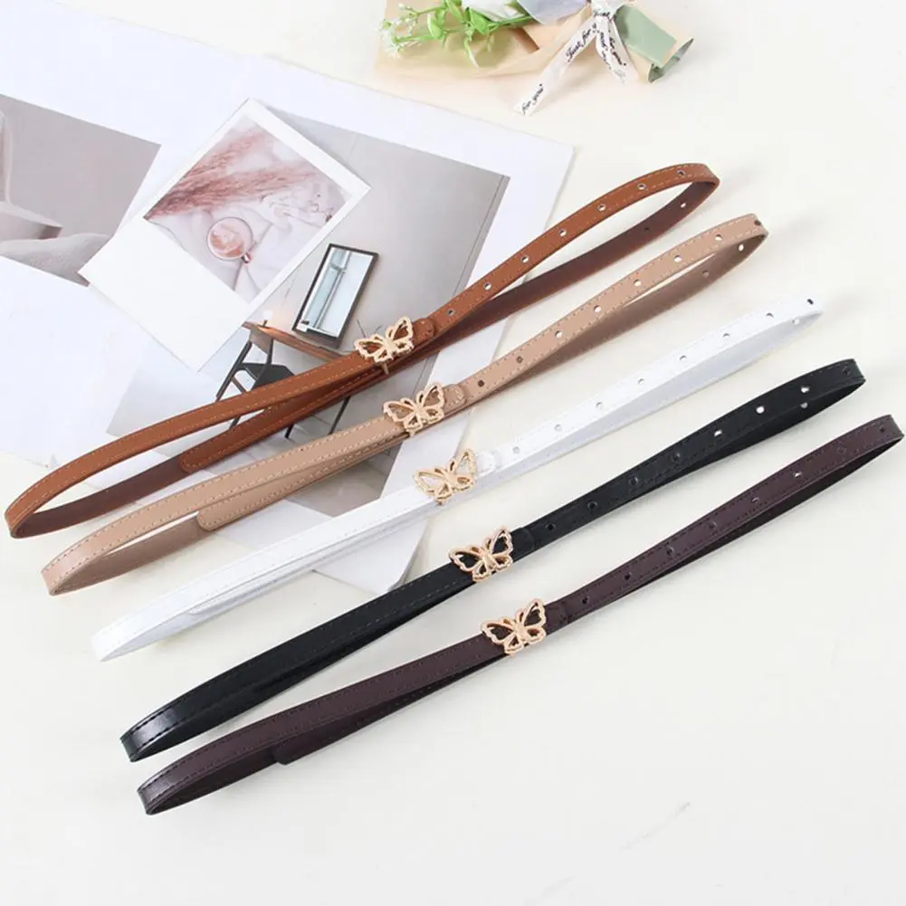 Women Belt Unisex Solid Color Belt Elegant Metal Butterflies Buckle Belt for Women Versatile Imitation Leather Waist for Dress