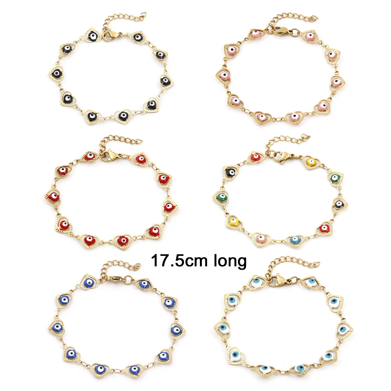 304 Stainless Steel Religious Handmade Link Chain Bracelets Gold Color Evil Eye Enamel For Women 17.5cm(6 7/8") long, 1 Piece