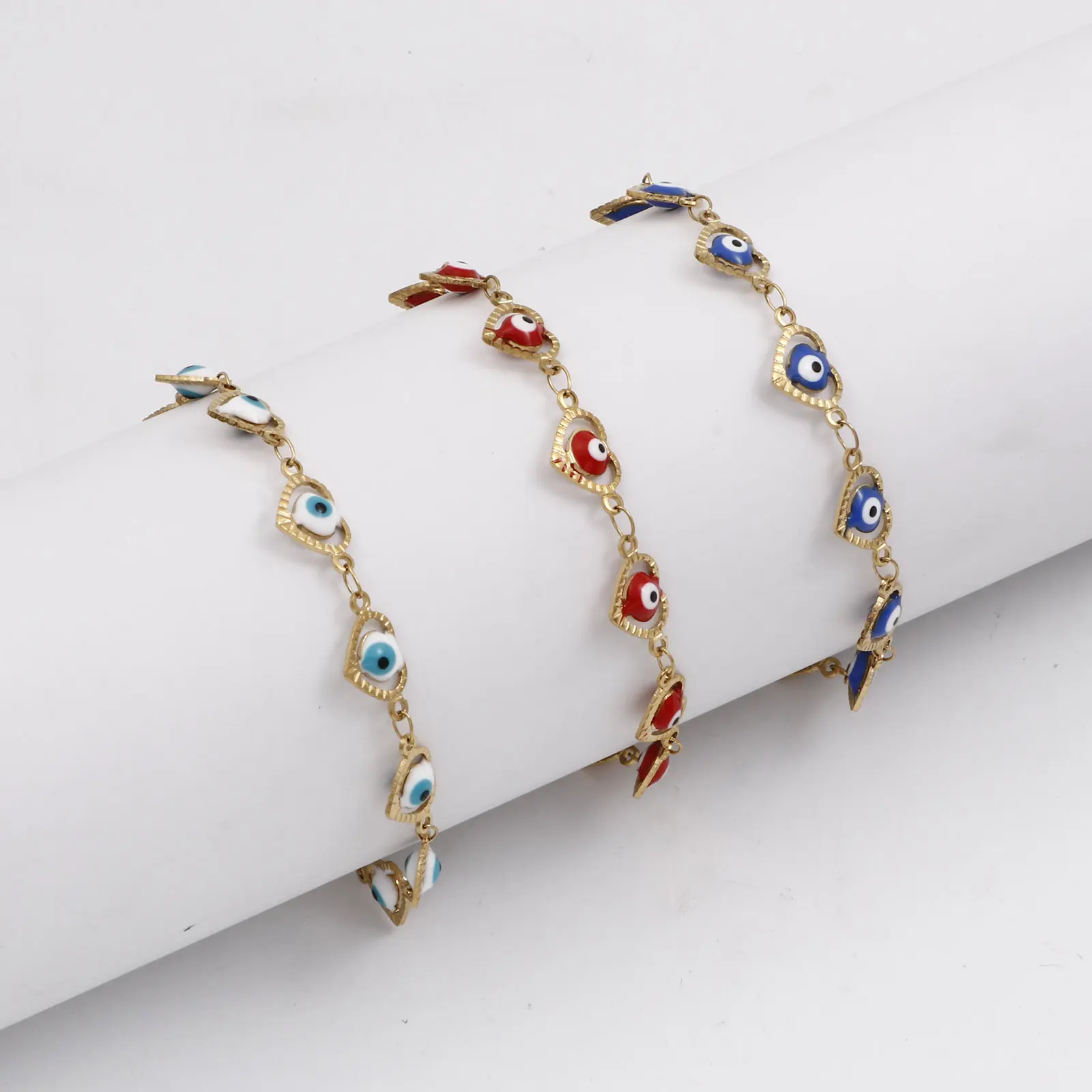 304 Stainless Steel Religious Handmade Link Chain Bracelets Gold Color Evil Eye Enamel For Women 17.5cm(6 7/8") long, 1 Piece