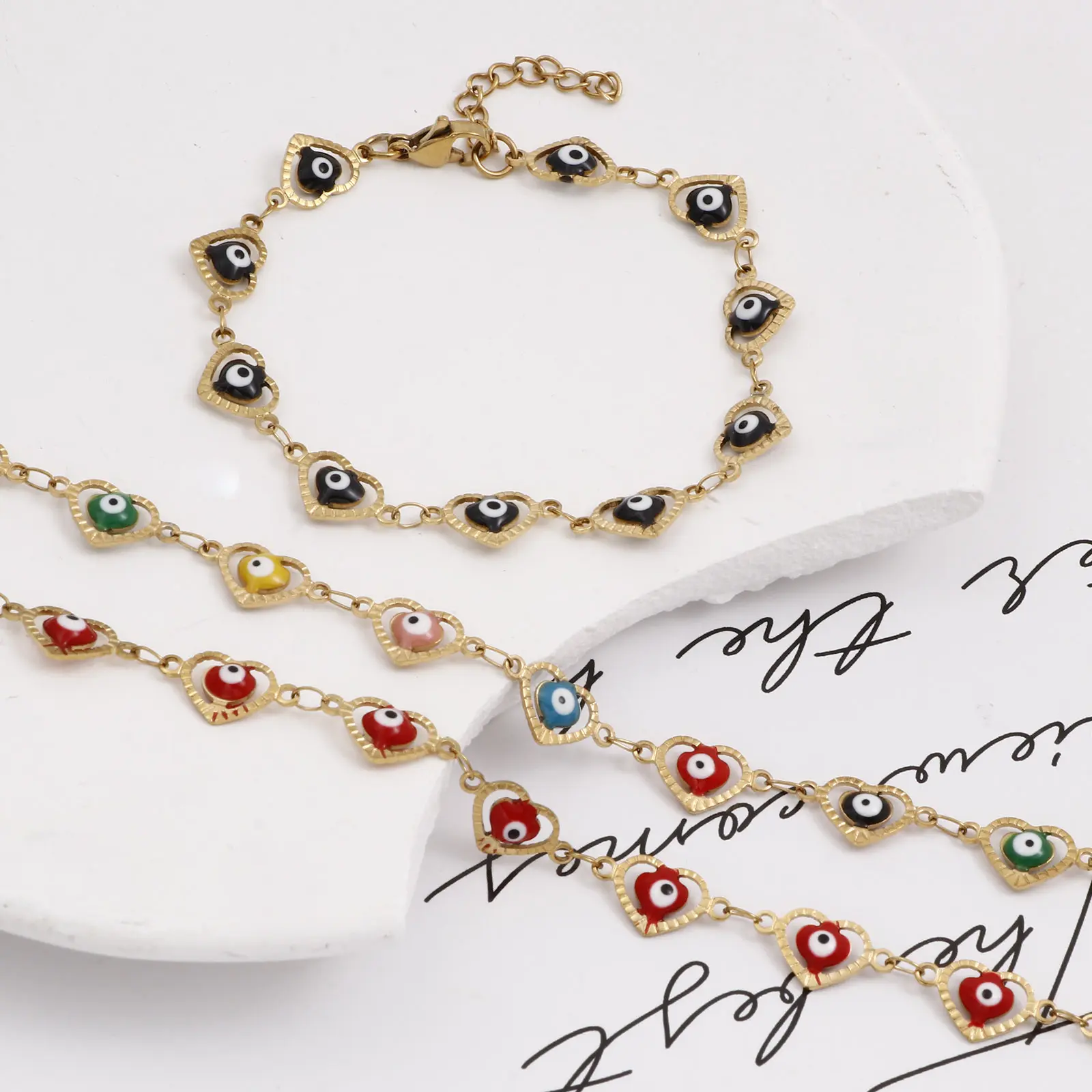 304 Stainless Steel Religious Handmade Link Chain Bracelets Gold Color Evil Eye Enamel For Women 17.5cm(6 7/8") long, 1 Piece