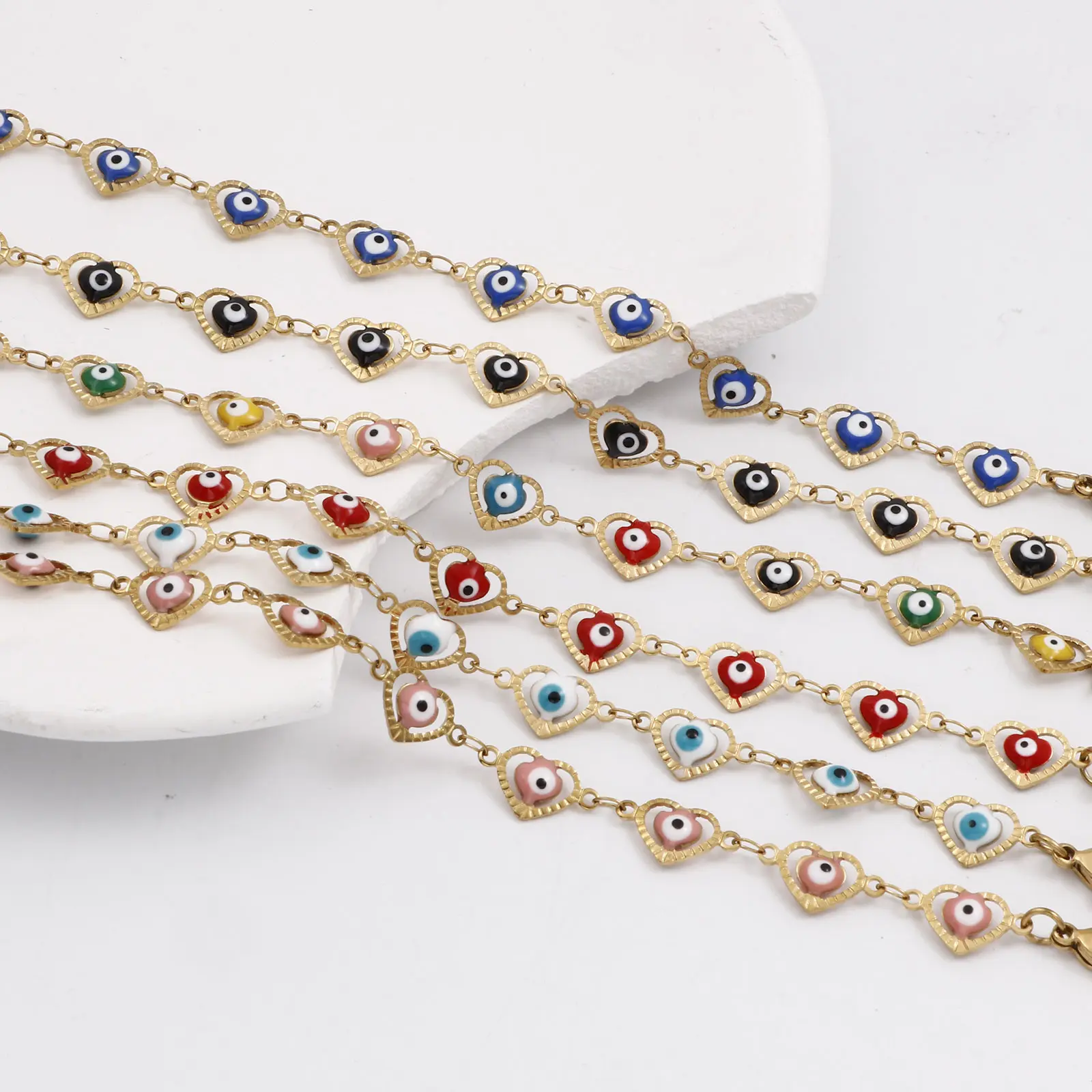 304 Stainless Steel Religious Handmade Link Chain Bracelets Gold Color Evil Eye Enamel For Women 17.5cm(6 7/8") long, 1 Piece