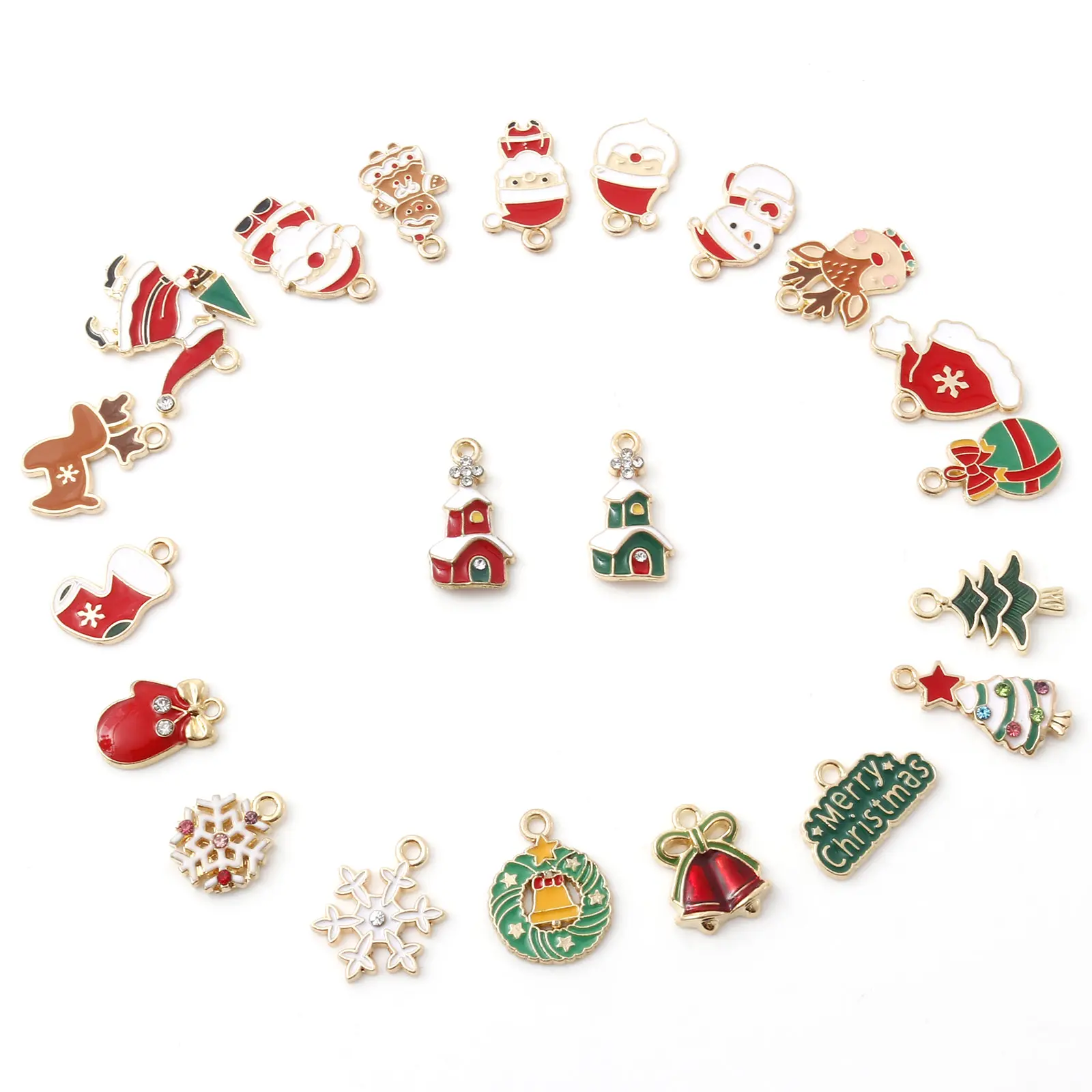10 PCs Cartoon Christmas Charms Enamel Snowman Santa Claus Gold Color Metal Pendants For DIY Making Necklace Jewelry Findings