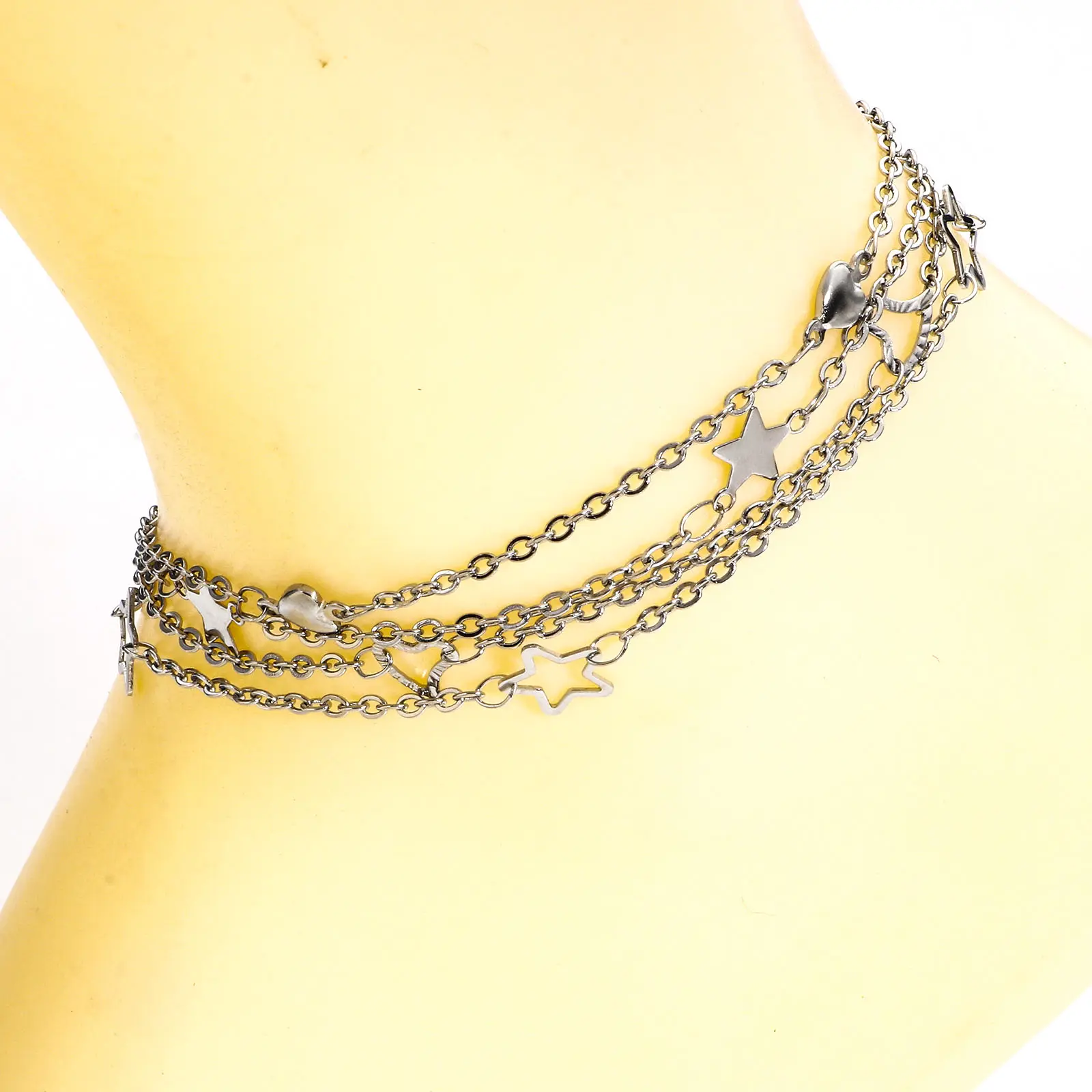 304 Stainless Steel Handmade Link Chain Anklet Heart Star Charms Anklet Silver Color Metal Jewelry For Women Foot Show, 1 Piece