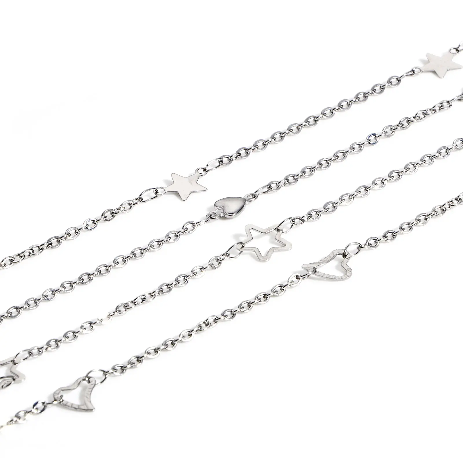 304 Stainless Steel Handmade Link Chain Anklet Heart Star Charms Anklet Silver Color Metal Jewelry For Women Foot Show, 1 Piece