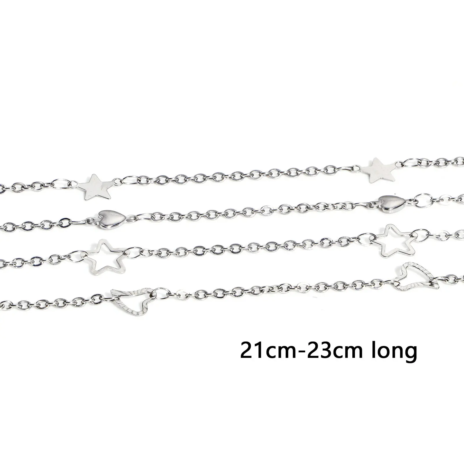 304 Stainless Steel Handmade Link Chain Anklet Heart Star Charms Anklet Silver Color Metal Jewelry For Women Foot Show, 1 Piece