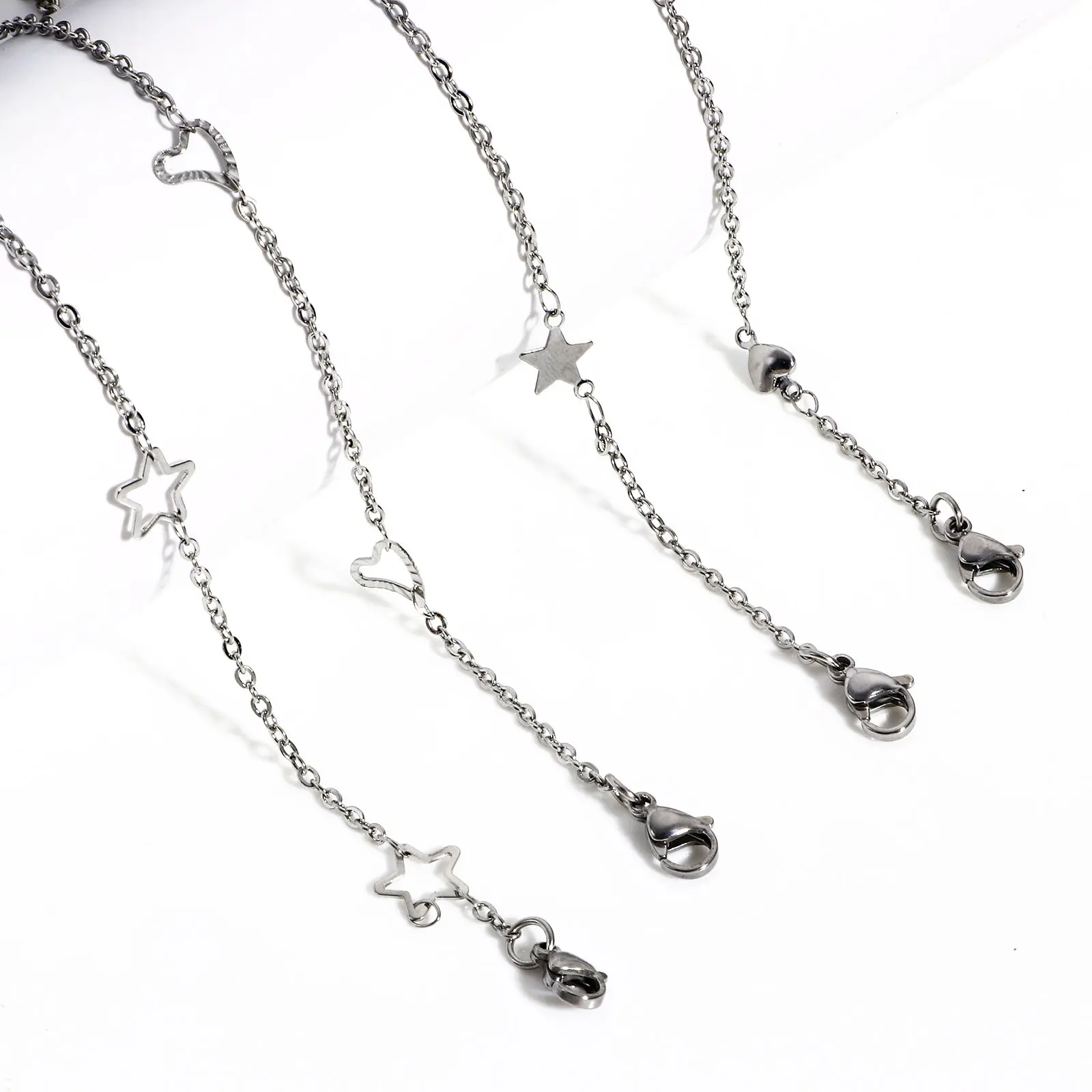 304 Stainless Steel Handmade Link Chain Anklet Heart Star Charms Anklet Silver Color Metal Jewelry For Women Foot Show, 1 Piece
