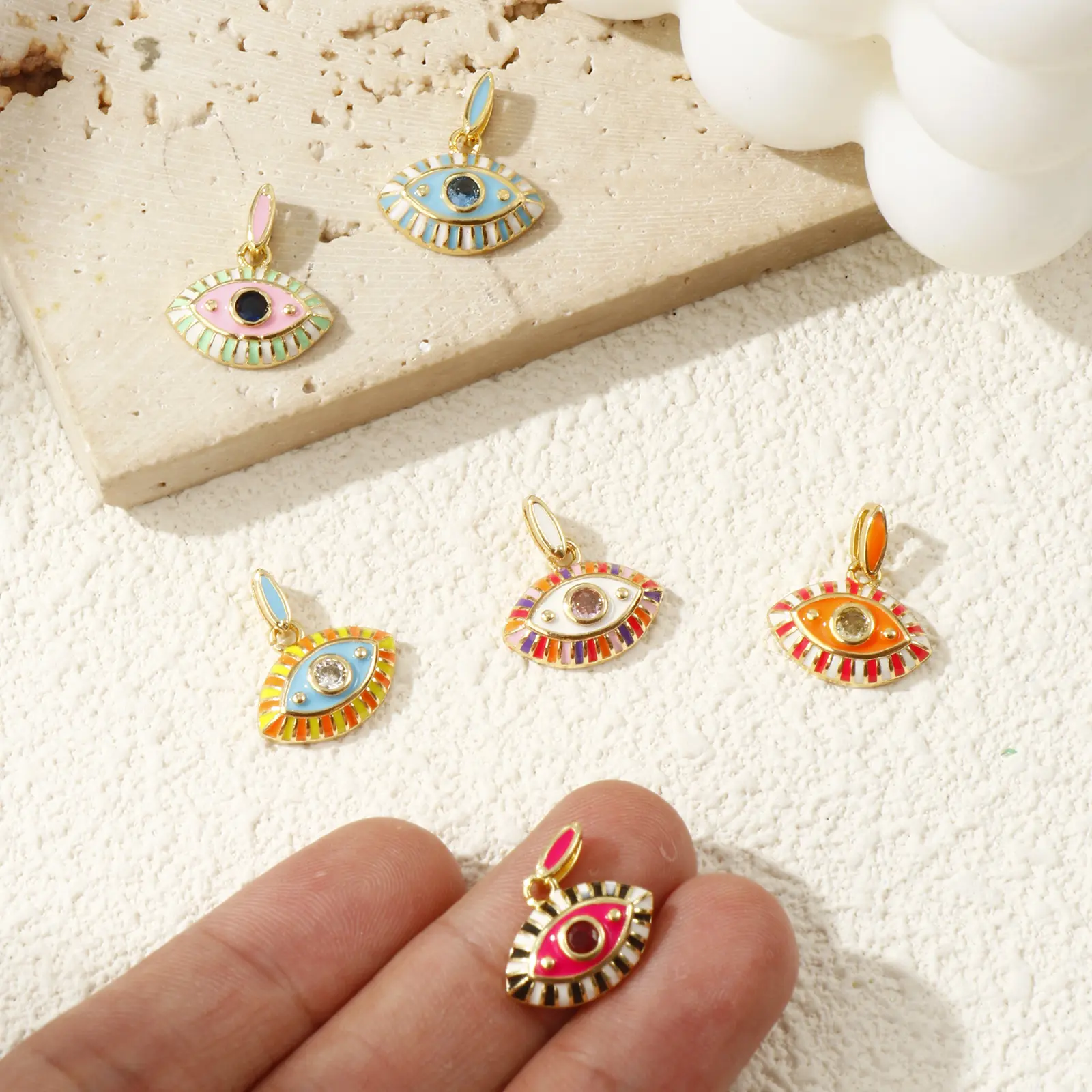 1 Piece Brass & Cubic Zirconia Charms 18K Gold Plated Enamel Eye Pendant For DIY Necklace Jewelry Making 17mm x 15mm