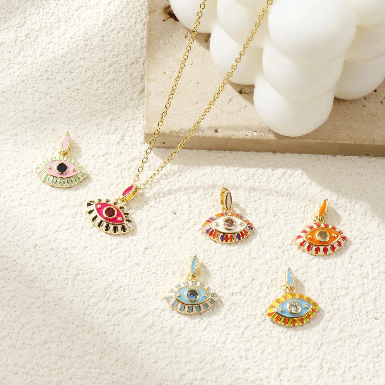 1 Piece Brass & Cubic Zirconia Charms 18K Gold Plated Enamel Eye Pendant For DIY Necklace Jewelry Making 17mm x 15mm