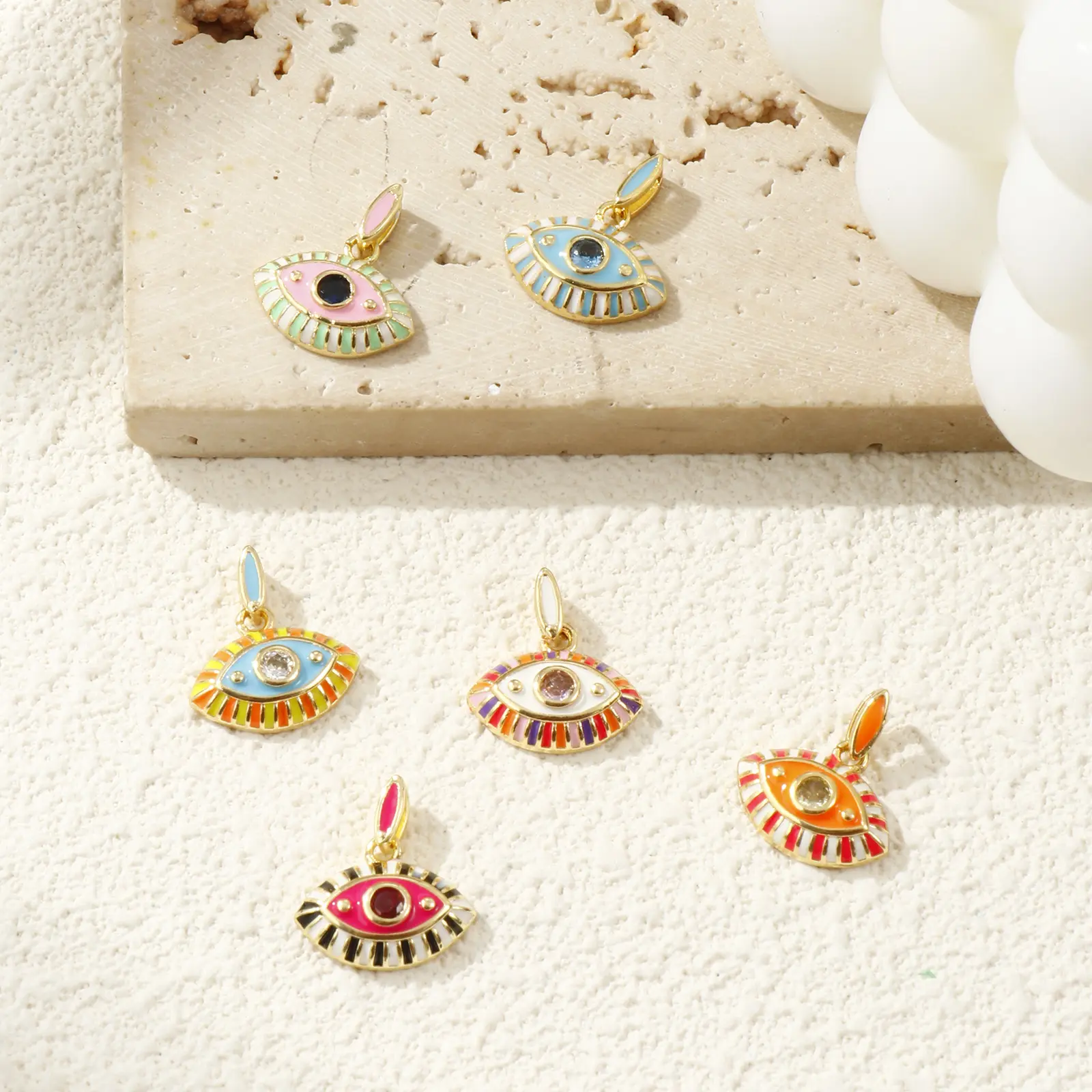 1 Piece Brass & Cubic Zirconia Charms 18K Gold Plated Enamel Eye Pendant For DIY Necklace Jewelry Making 17mm x 15mm