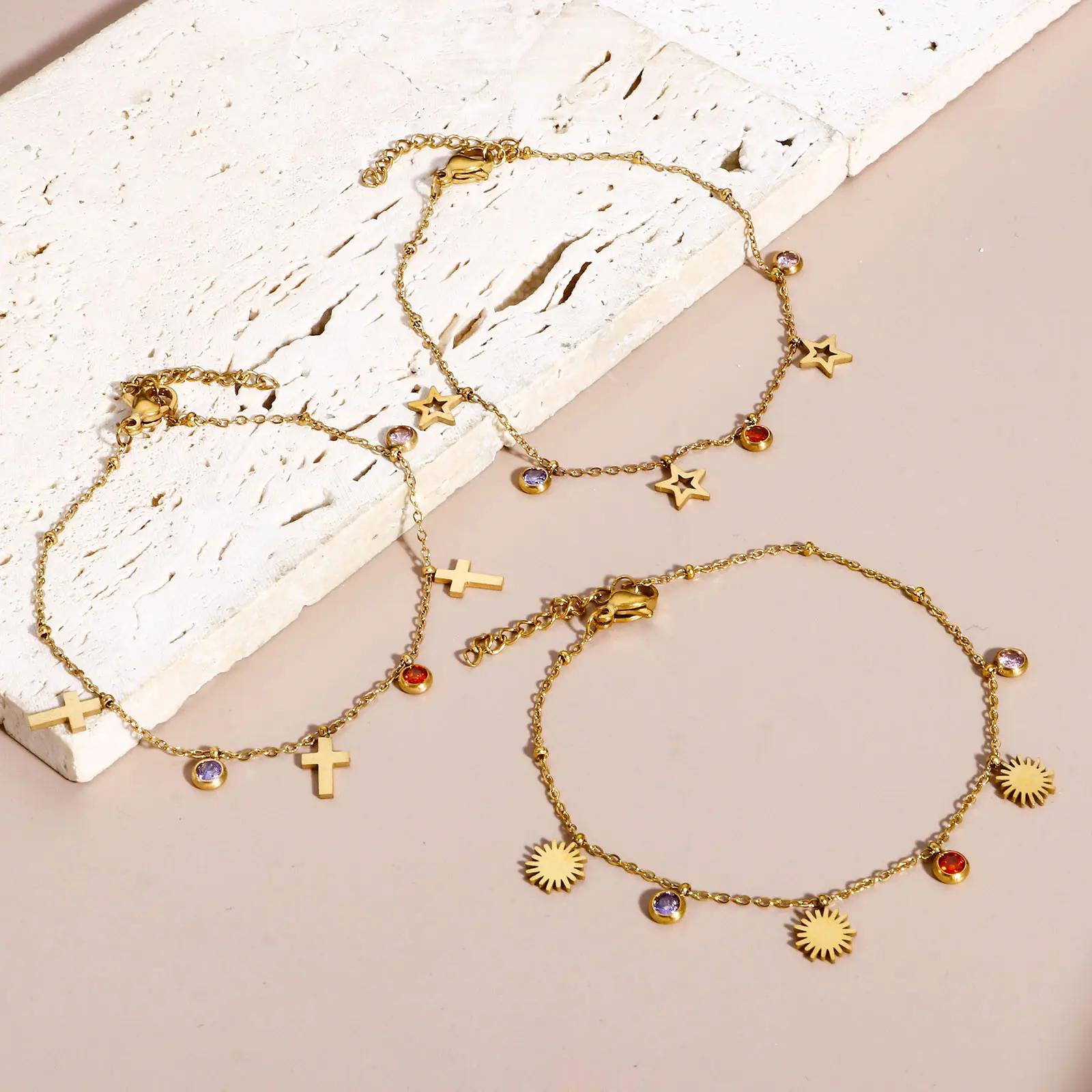 1 Piece 304 Stainless Steel Link Cable Chain Bracelets Gold Color Chain Rhinestone Butterfly Corss Star Charms 18cm(7 1/8") long