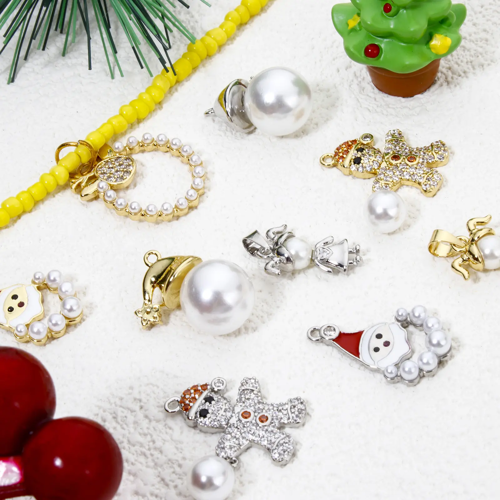 1PC Brass Christmas Charms Ginger Bread Man Girl Imitation Pearl Santa Claus Pendants For DIY Jewelry Making Necklace Findings