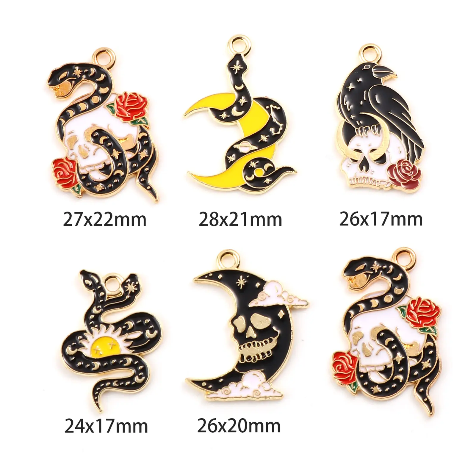 DoreenBeads 10PCs Enamel Halloween Pendants Gold Color Metal Skeleton Skull Snake Charm DIY Making Necklace Party Jewelry