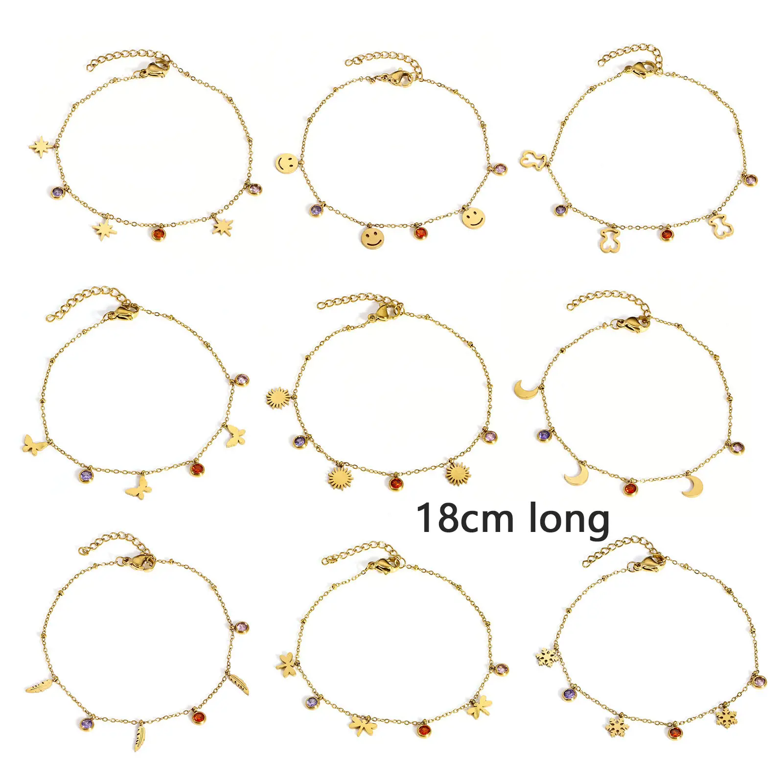 1 Piece 304 Stainless Steel Link Cable Chain Bracelets Gold Color Chain Rhinestone Butterfly Corss Star Charms 18cm(7 1/8") long