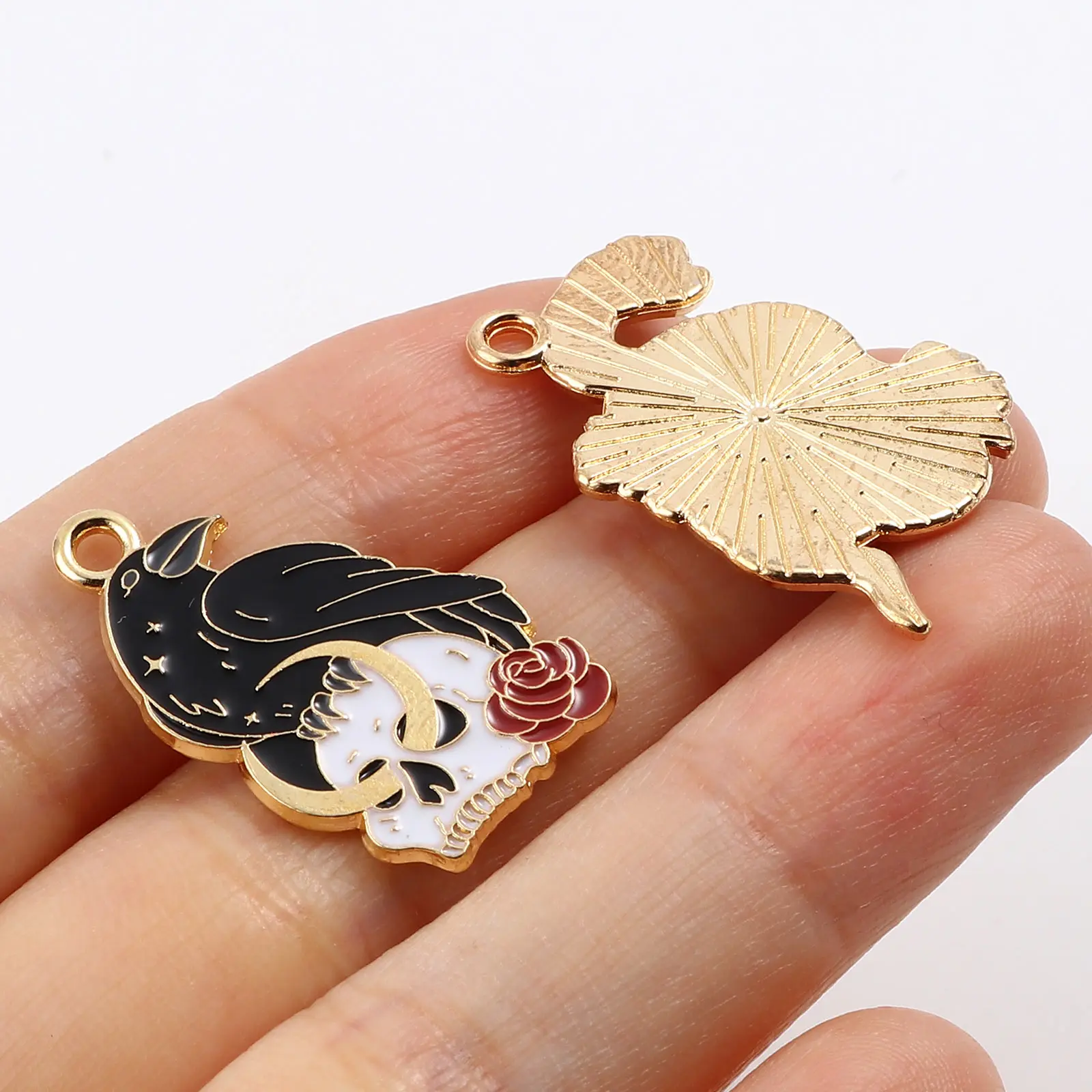 DoreenBeads 10PCs Enamel Halloween Pendants Gold Color Metal Skeleton Skull Snake Charm DIY Making Necklace Party Jewelry