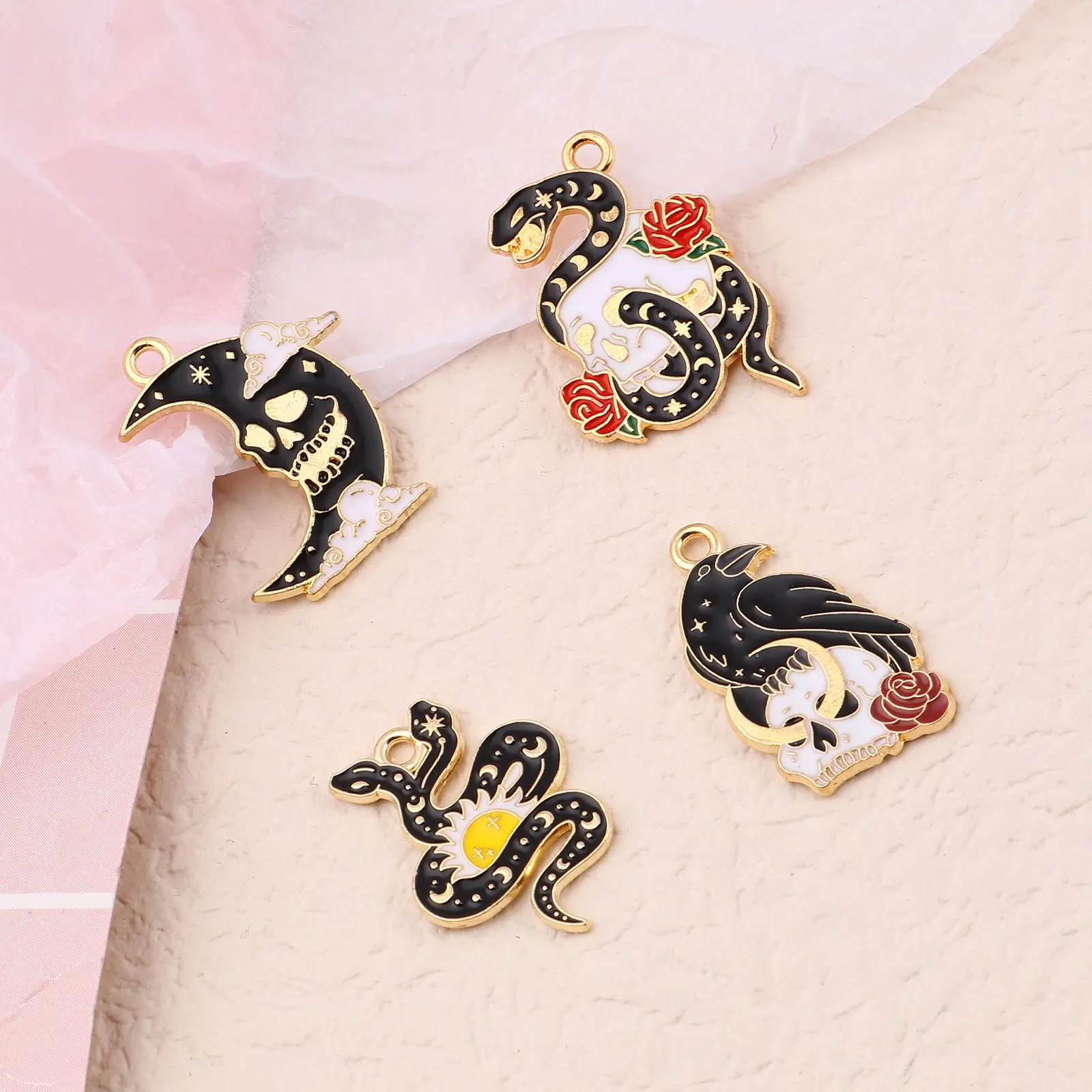 DoreenBeads 10PCs Enamel Halloween Pendants Gold Color Metal Skeleton Skull Snake Charm DIY Making Necklace Party Jewelry
