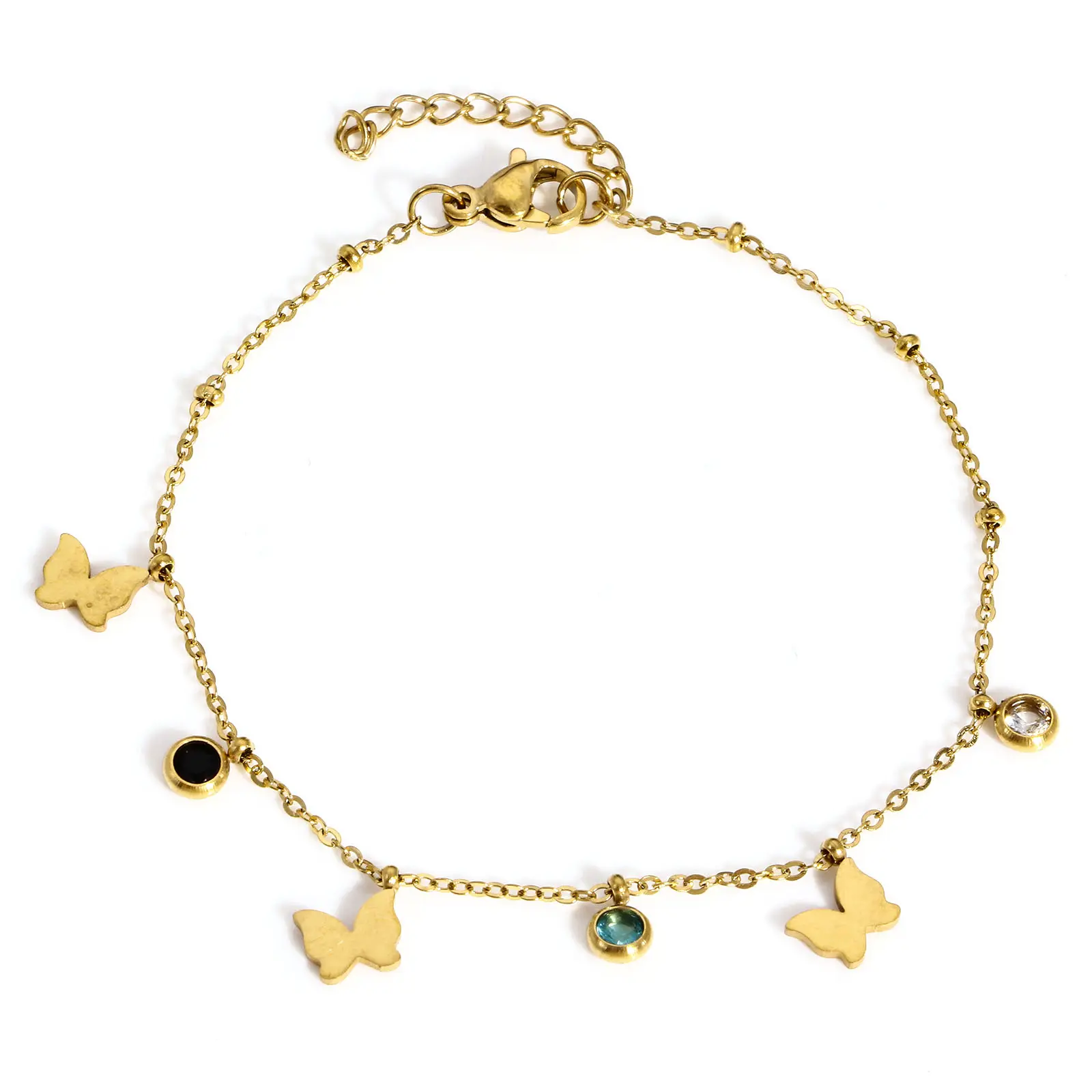 1 Piece 304 Stainless Steel Link Cable Chain Bracelets Gold Color Chain Rhinestone Butterfly Corss Star Charms 18cm(7 1/8") long