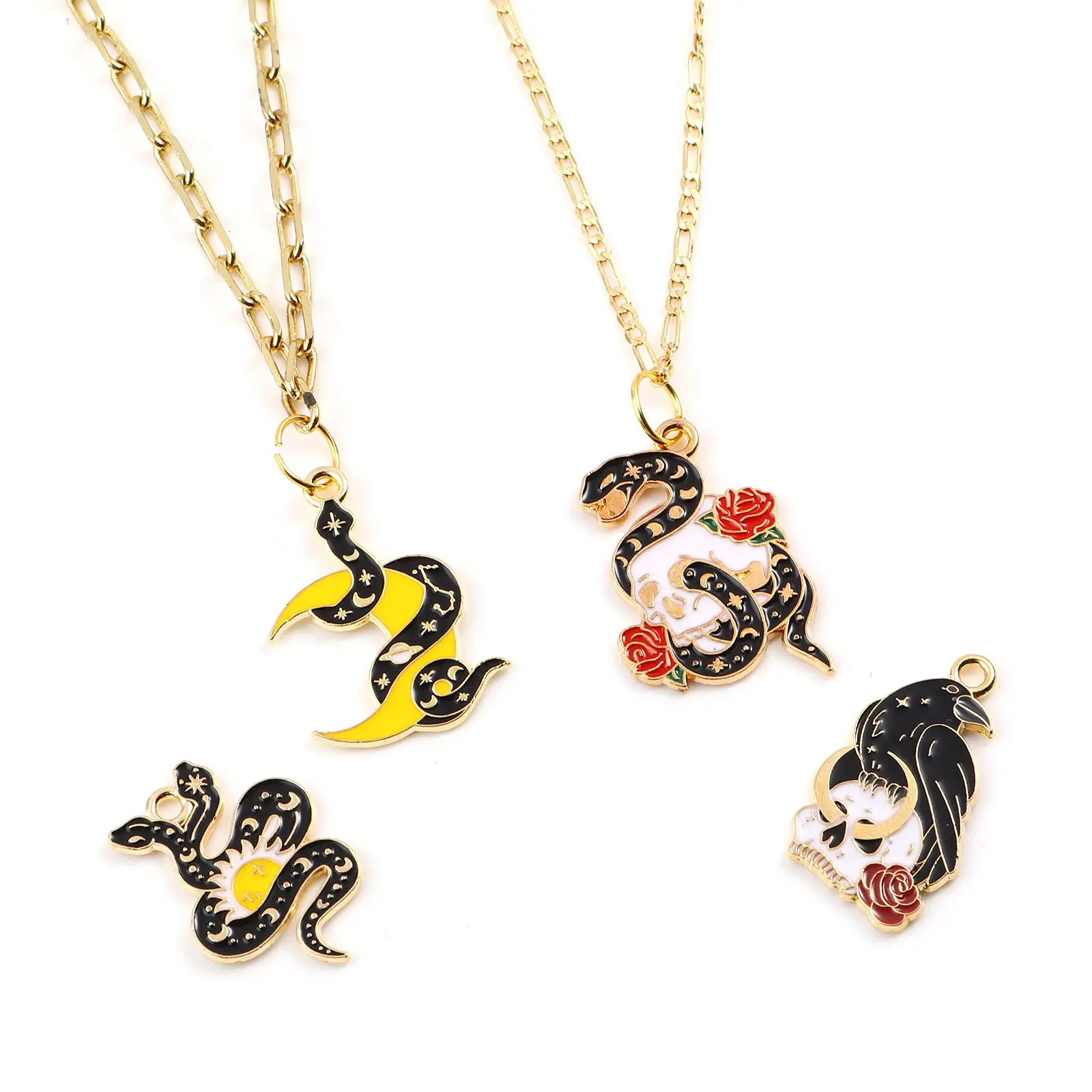 DoreenBeads 10PCs Enamel Halloween Pendants Gold Color Metal Skeleton Skull Snake Charm DIY Making Necklace Party Jewelry