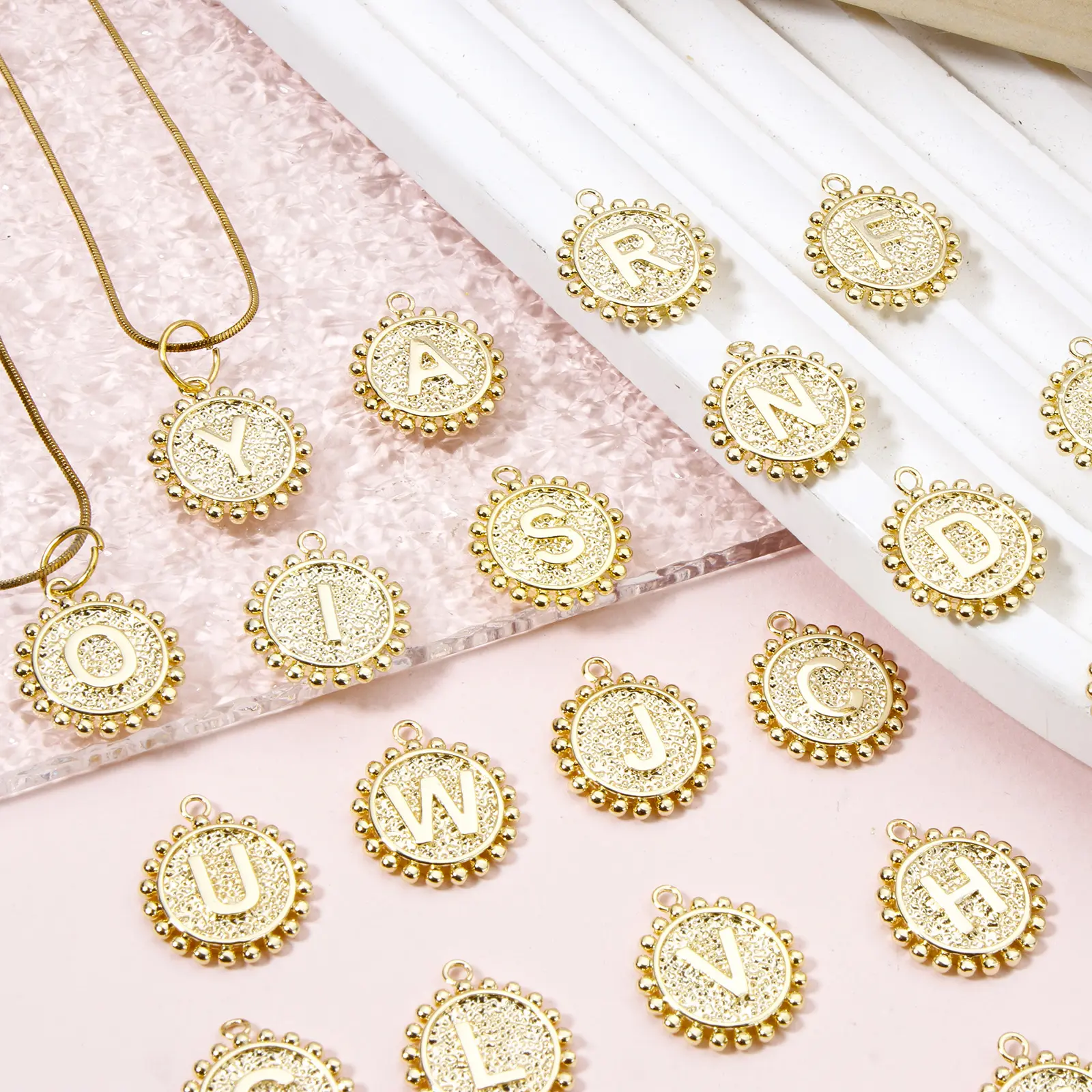 2 PCs Round Brass Charms Capital Alphabet Initial Letter "A-Z" Double Sided 18K Gold Plated Pendant Necklace Making 18mm x 16mm