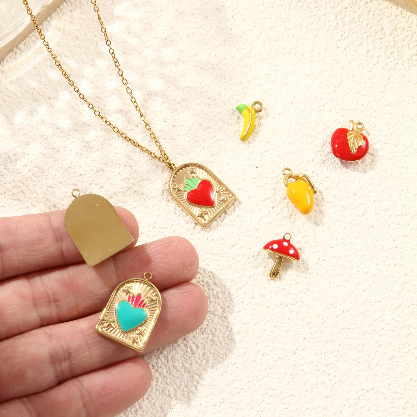 304 Stainless Steel Fruit Jewelry Charms 18K Real Gold Plated Ex Voto Heart Banana Apple Mushroom Pendant Necklace DIY , 1 Piece