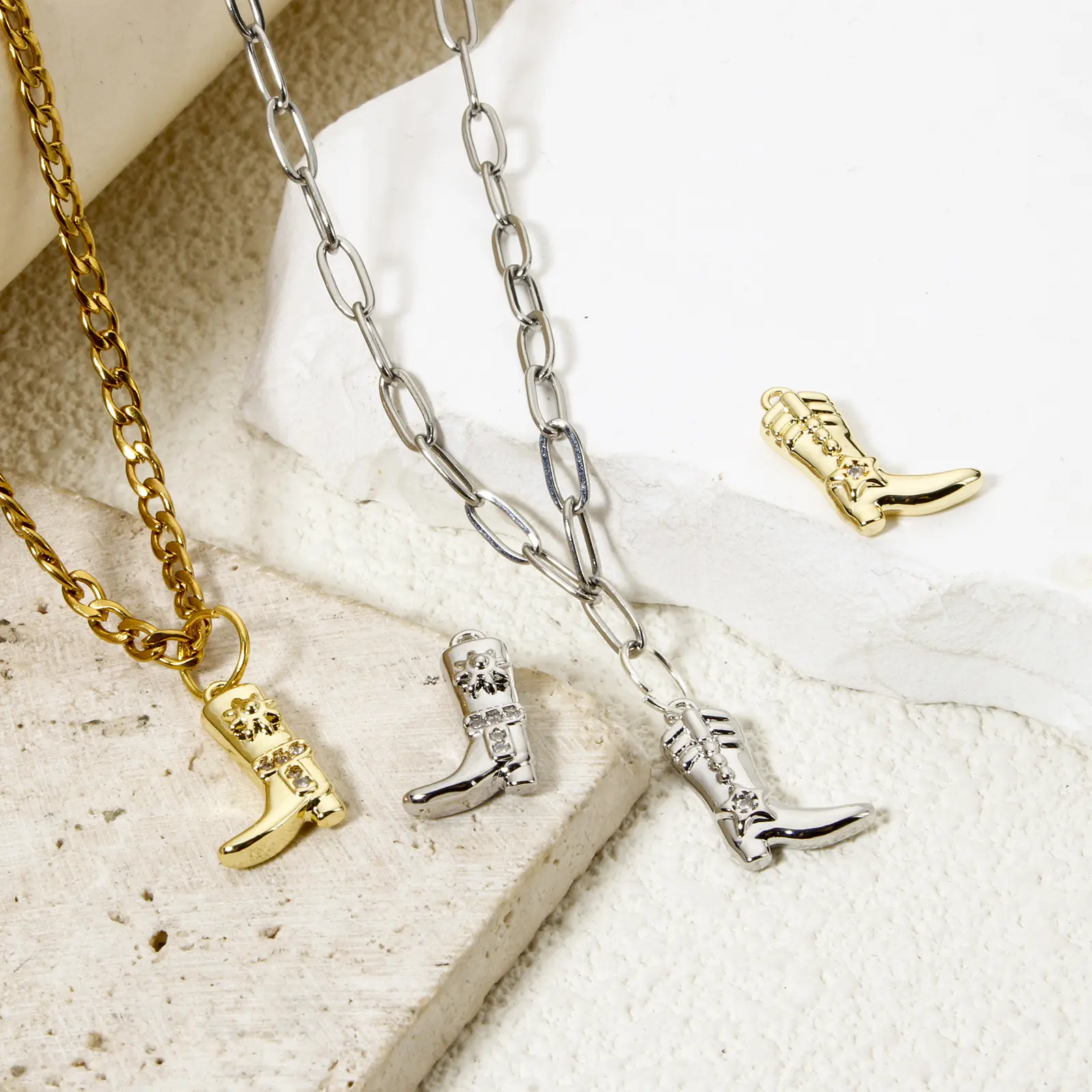 2PCs Brass West Cowboy Charms Boots Clear Cubic Zirconia Pendants For DIY Accessories Jewelry Necklace Bracelets Making Supplies