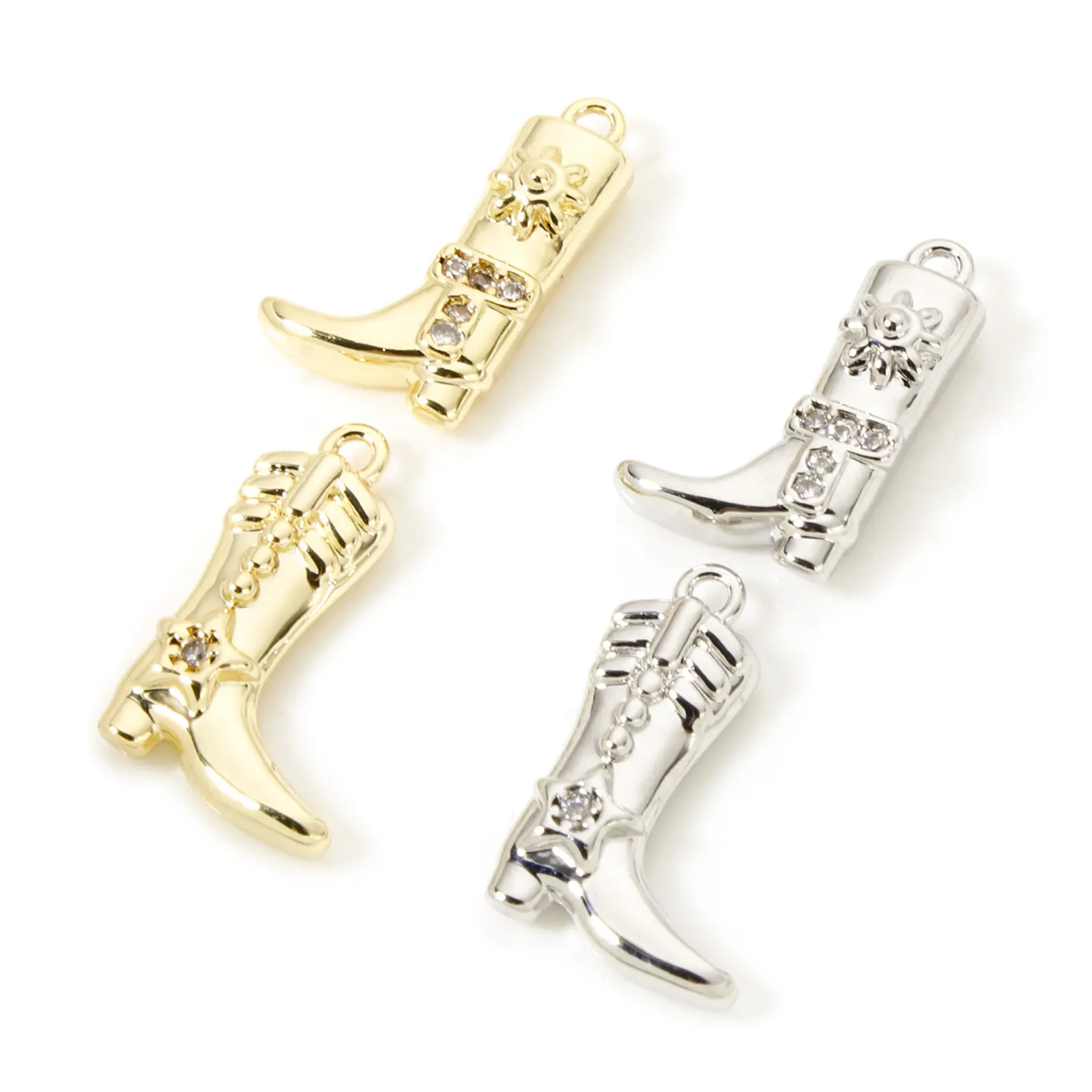 2PCs Brass West Cowboy Charms Boots Clear Cubic Zirconia Pendants For DIY Accessories Jewelry Necklace Bracelets Making Supplies