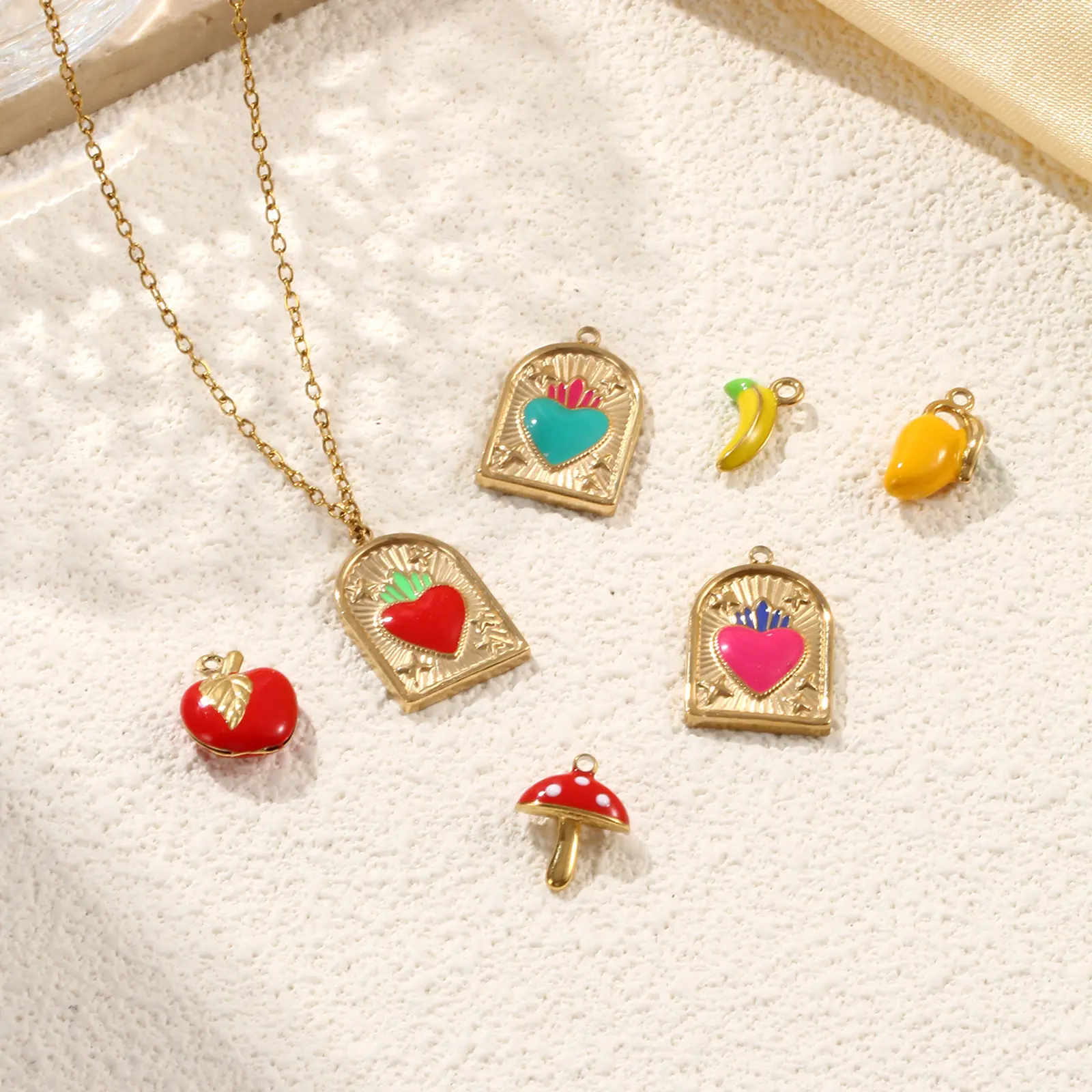 304 Stainless Steel Fruit Jewelry Charms 18K Real Gold Plated Ex Voto Heart Banana Apple Mushroom Pendant Necklace DIY , 1 Piece